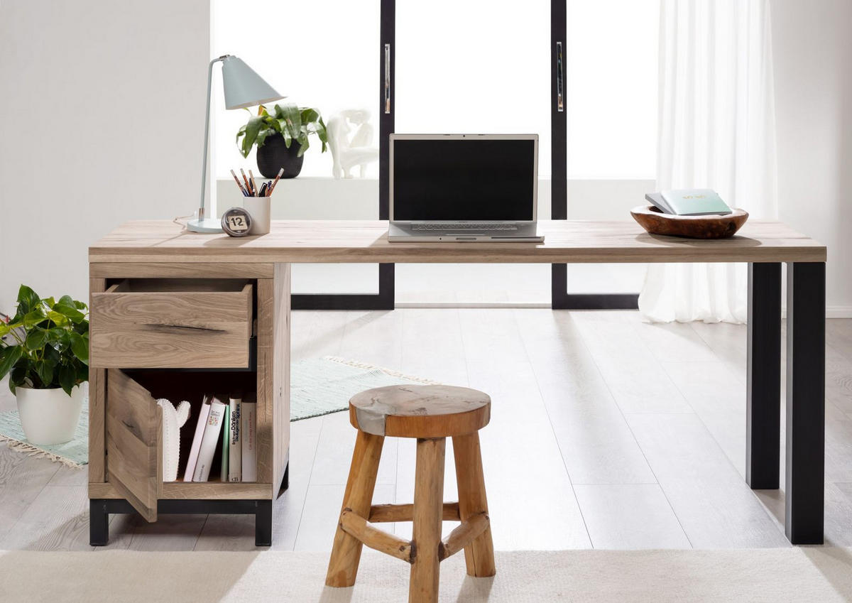 SCHREIBTISCH Wildeiche 180x55x76 bianco geölt VILLANDERS #244 - Beige, Holz (55/180/76cm) - Massivmoebel24