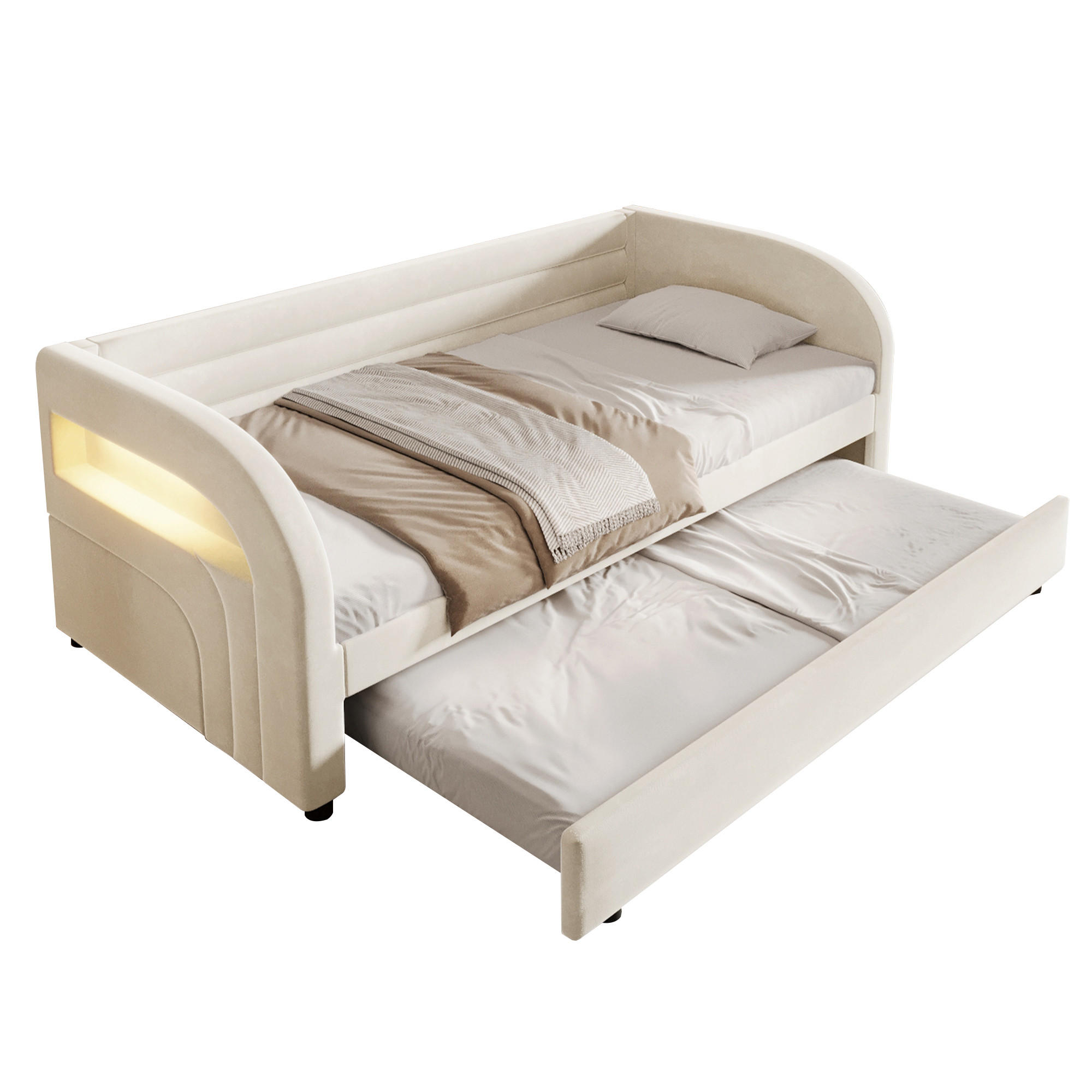 ČALOUNĚNÁ POSTEL 90/200 cm v béžové barvě s výsuvným lůžkem a LED - béžová, kov/kompozitní dřevo (90/200cm) - CHICFURN