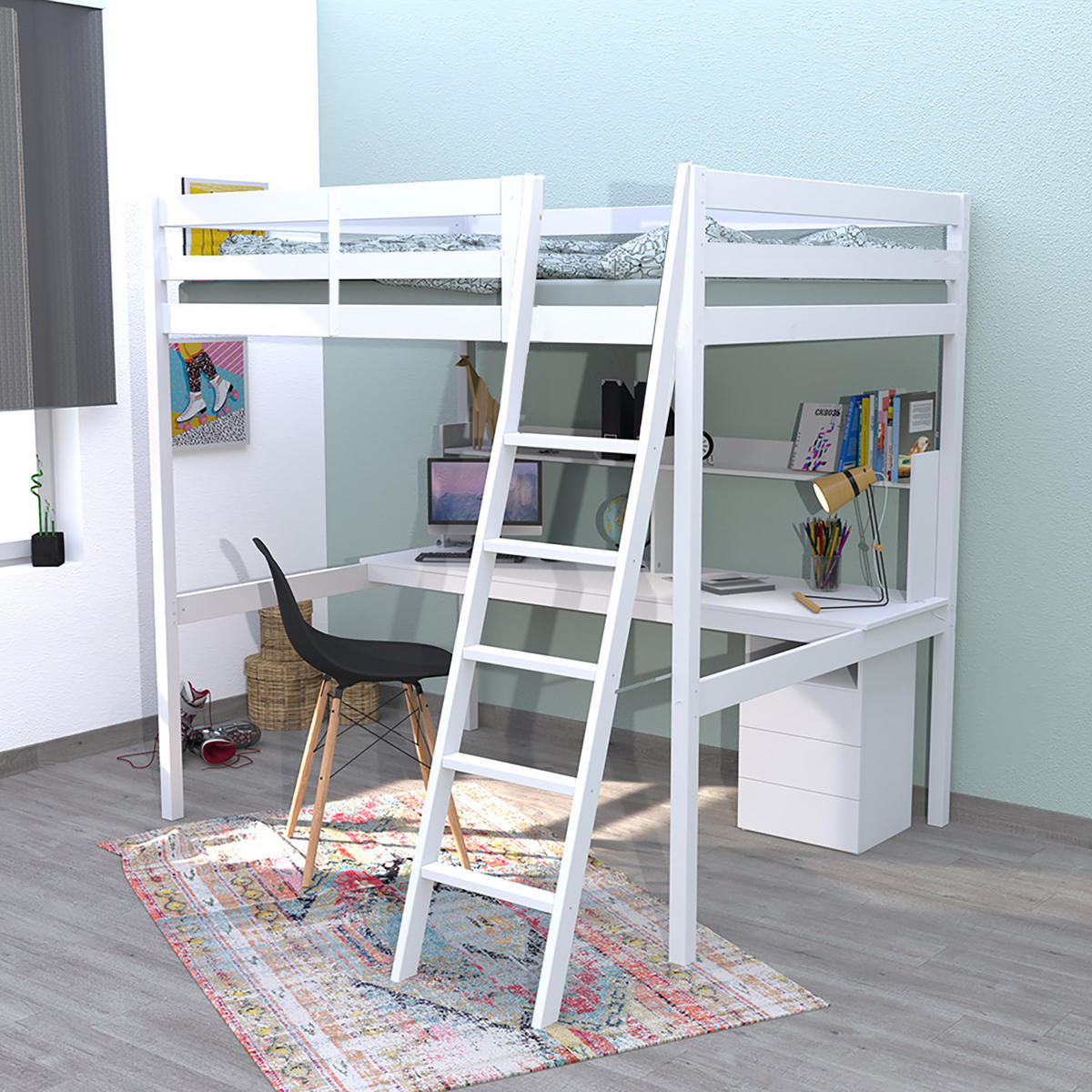 HOCHBETT STUDIO mit Schreibtisch Regal/ Hochbett 140x190 - Weiß - Weiß, Holz (140/190cm) - Weber Industries