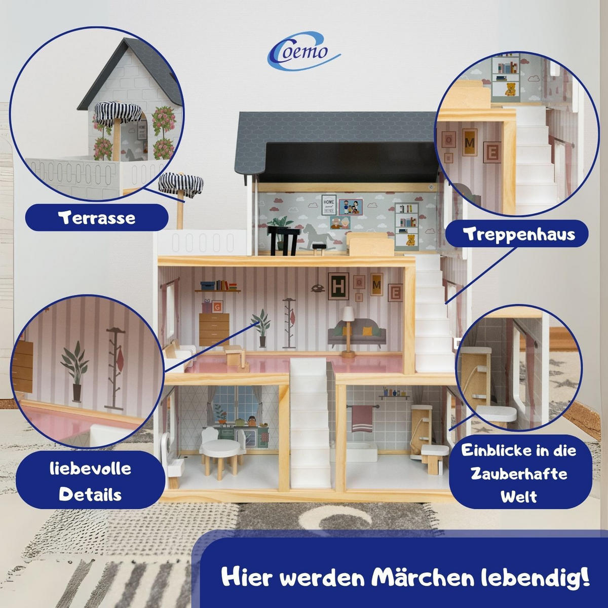 PUPPENHAUS LARA Holz Villa möbliert 3 Etagen - Weiß, Holzwerkstoff (27/78/62cm) - Coemo
