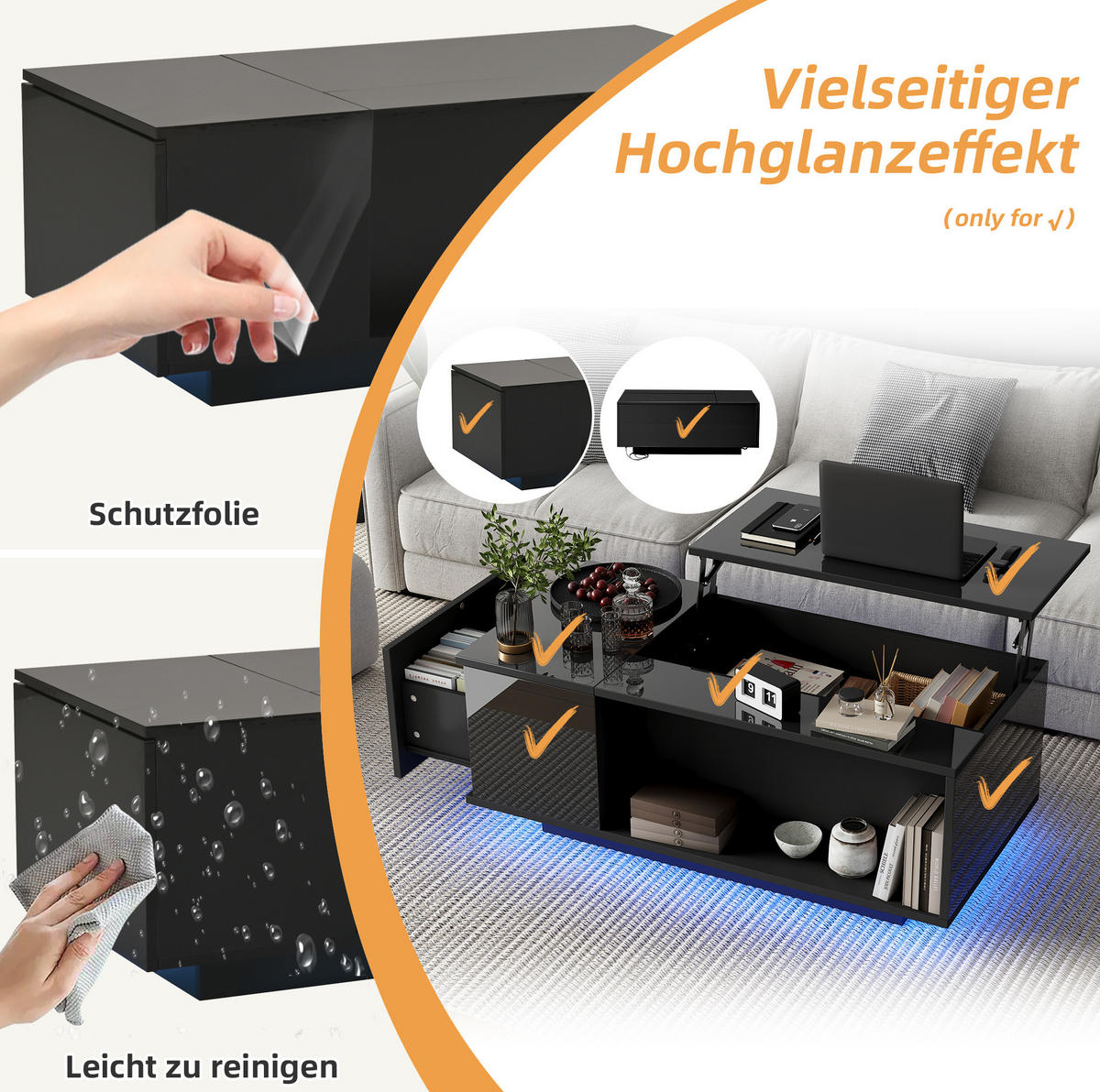 KLUB stolić, 100/50/40 cm crni, podesiv po visini s prostorom za pohranu i LED rasvjetom - crna, drvni materijal (100/50/40cm) - BEAOK