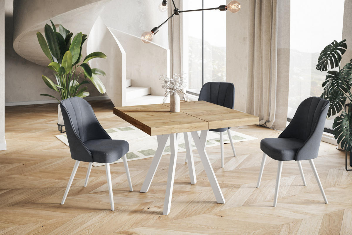ESSZIMMERTISCH RICO, ausziehbarer Tisch120-220X120X77 cm, Farbe: CRAFT, mit Holzbeinen in Farbe Weiß - Weiß/Braun, Holzwerkstoff (120/120/77cm) - Alpi-Möbel