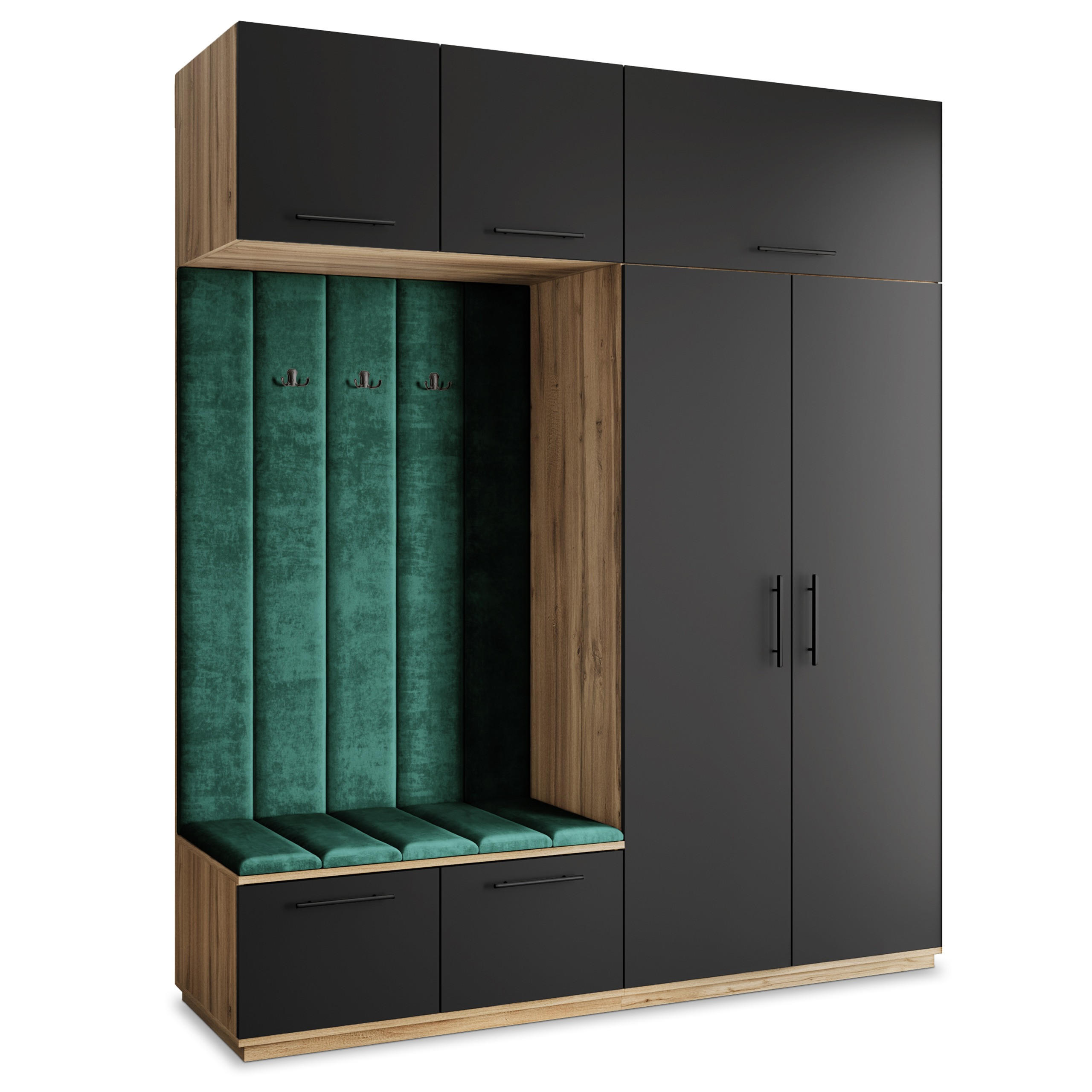 Masseno Garderobenschrank Eiche Wotan, Schwarz, Grün 200x240x60 cm