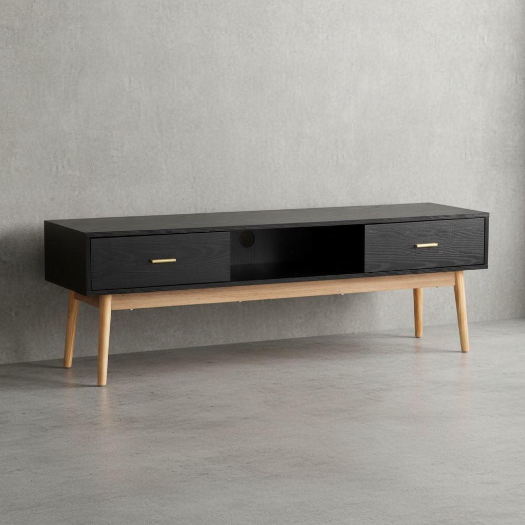 LOWBOARD Schwarz Eiche-Dekor Modern Stil 150x50x40 cm mit Schubladen und Ablagefach - Eichefarben/Schwarz, Holz (150/50/40cm) - KADIMA DESIGN