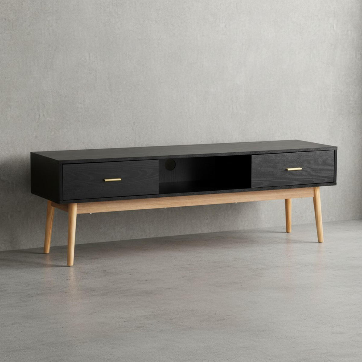 LOWBOARD Schwarz Eiche-Dekor Modern Stil 150x50x40 cm mit Schubladen und Ablagefach - Eichefarben/Schwarz, Holz (150/50/40cm) - KADIMA DESIGN