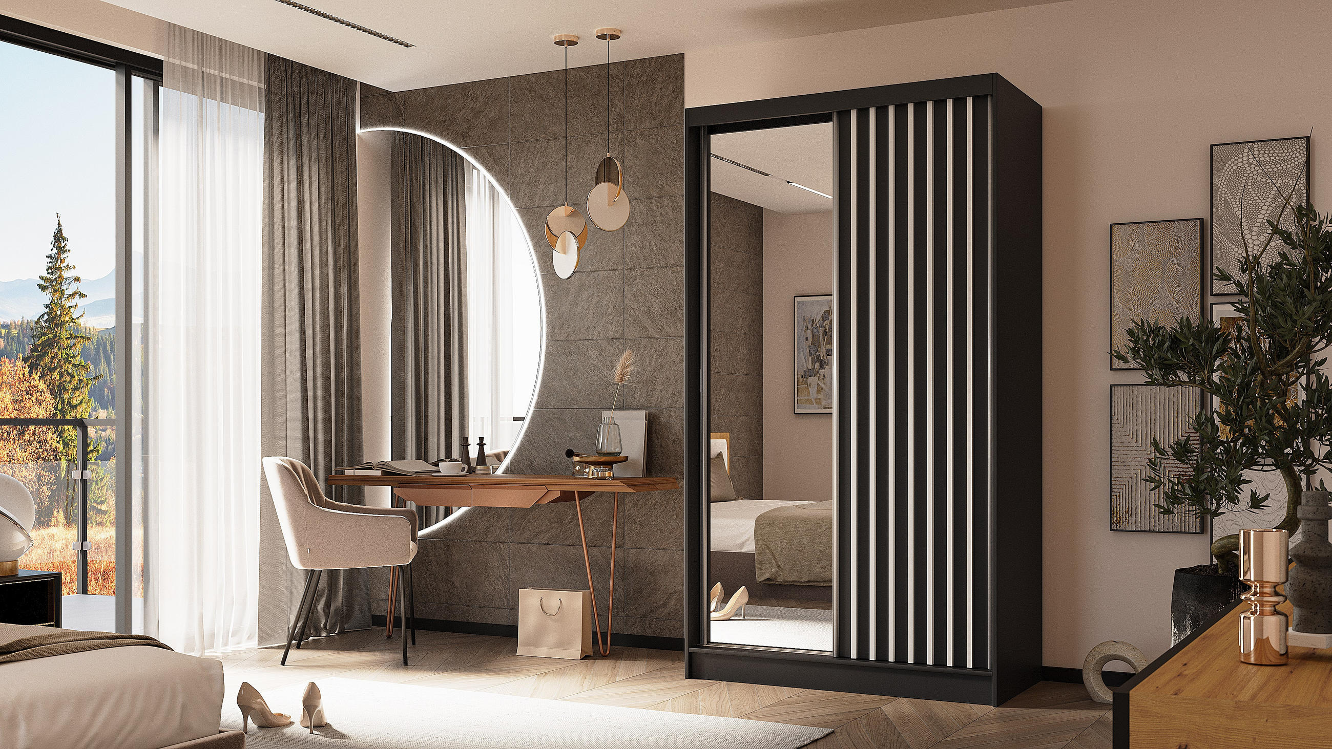 KLEIDERSCHRANK mit Spiegel-Schiebetüren und Aluminium-Leisten - LAMELO - 120 cm Schwarz+Schwarz+Weiß - Schwarz/Weiß, Holzwerkstoff (120/216/61cm) - ALTDECOR