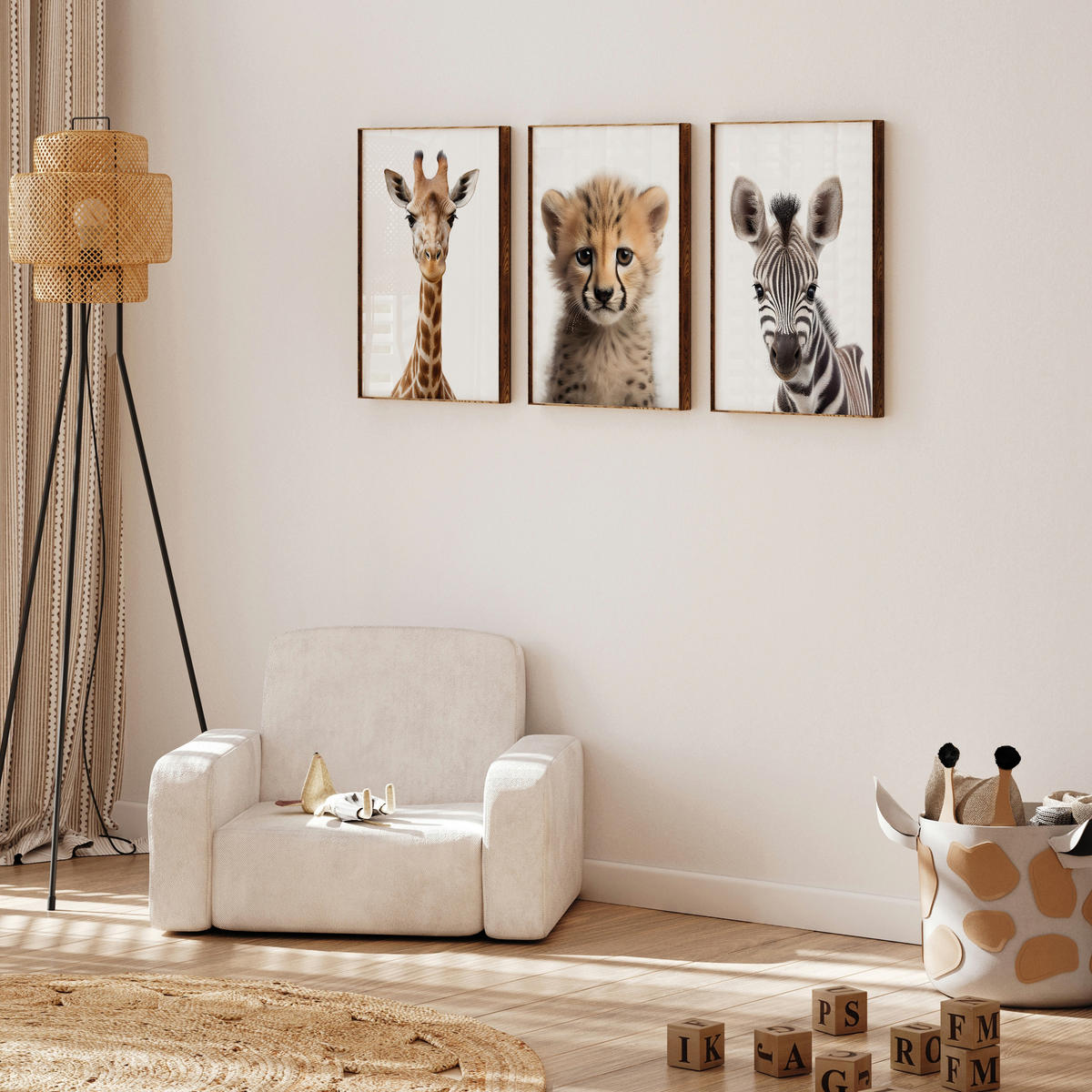 POSTER SET ohne Rahmen für Kinderzimmer WILDTIERE Giraffe Gepard Zebra A4 21x30cm - Gelb/Schwarz, Papier (21/30/1cm) - Muralo