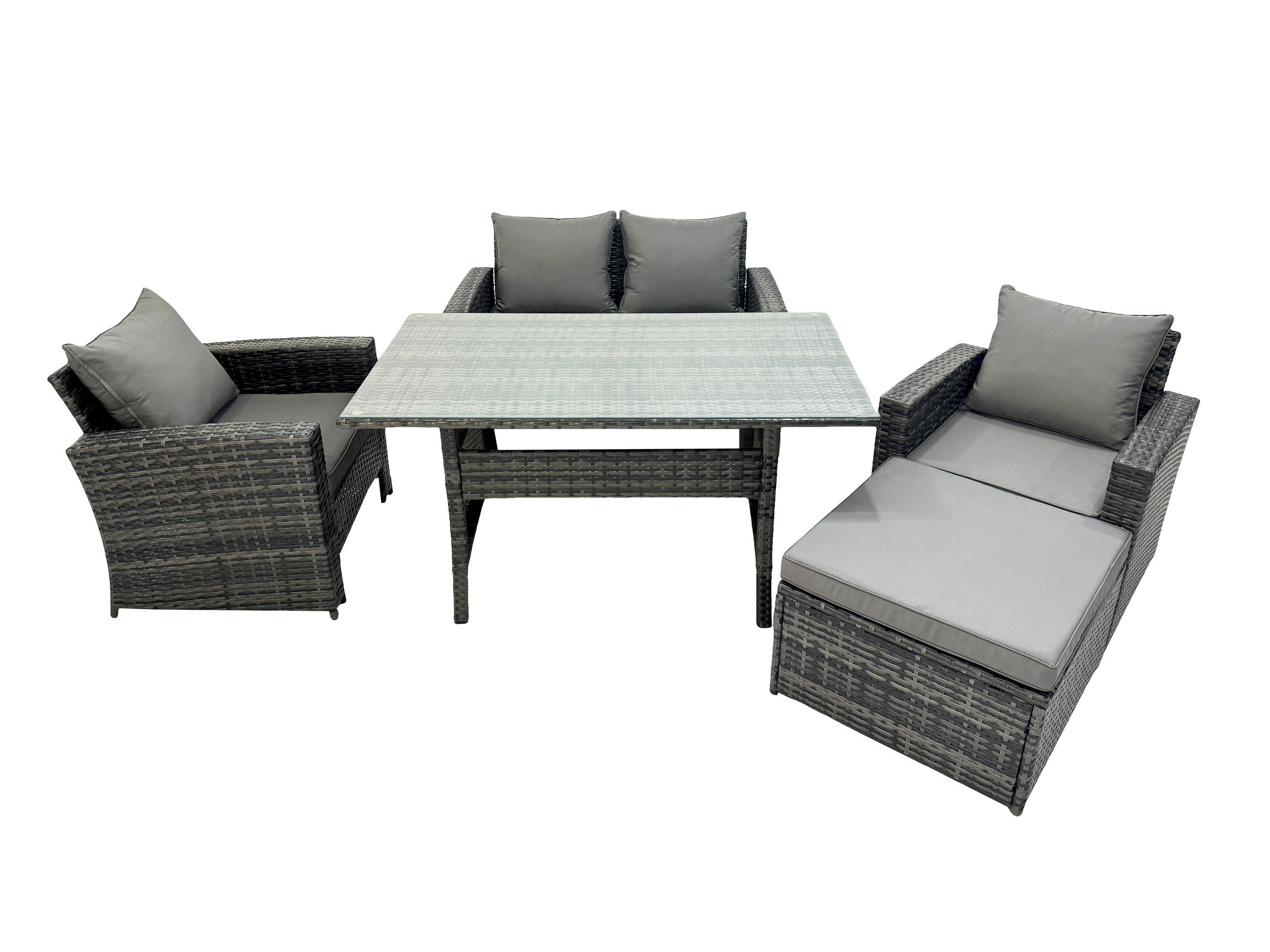 GARTENMÖBELSET mit 2 Sesseln,Zweisitzer,Esstisch,Hocker Polyrattan Dunkelgrau 5-Sitzer - Dunkelgrau/Grau, Glas/Kunststoff - Fimous