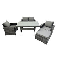 GARTENMÖBELSET mit 2 Sesseln,Zweisitzer,Esstisch,Hocker Polyrattan Dunkelgrau 5-Sitzer - Dunkelgrau/Grau, Glas/Kunststoff - Fimous