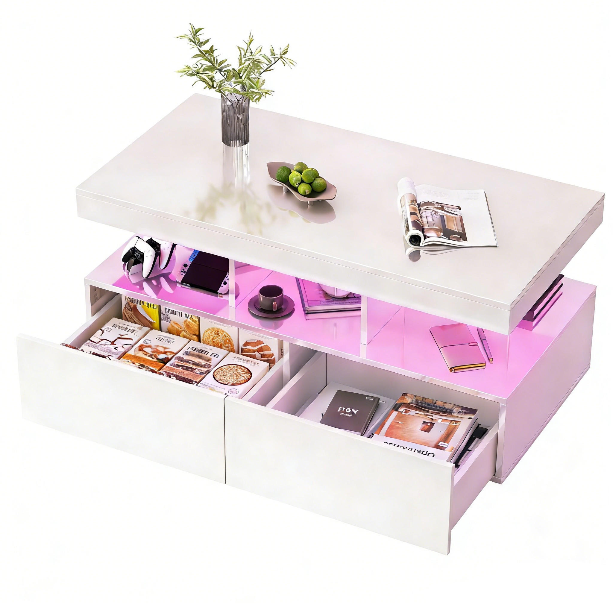COUCHTISCH 104 x 53 x 46 cm, Wohnzimmertisch mit LED-Beleuchtung und Schubladen, Hochglanz Weiß - Weiß, Metall (104/53/46cm) - PARAFTA HOME
