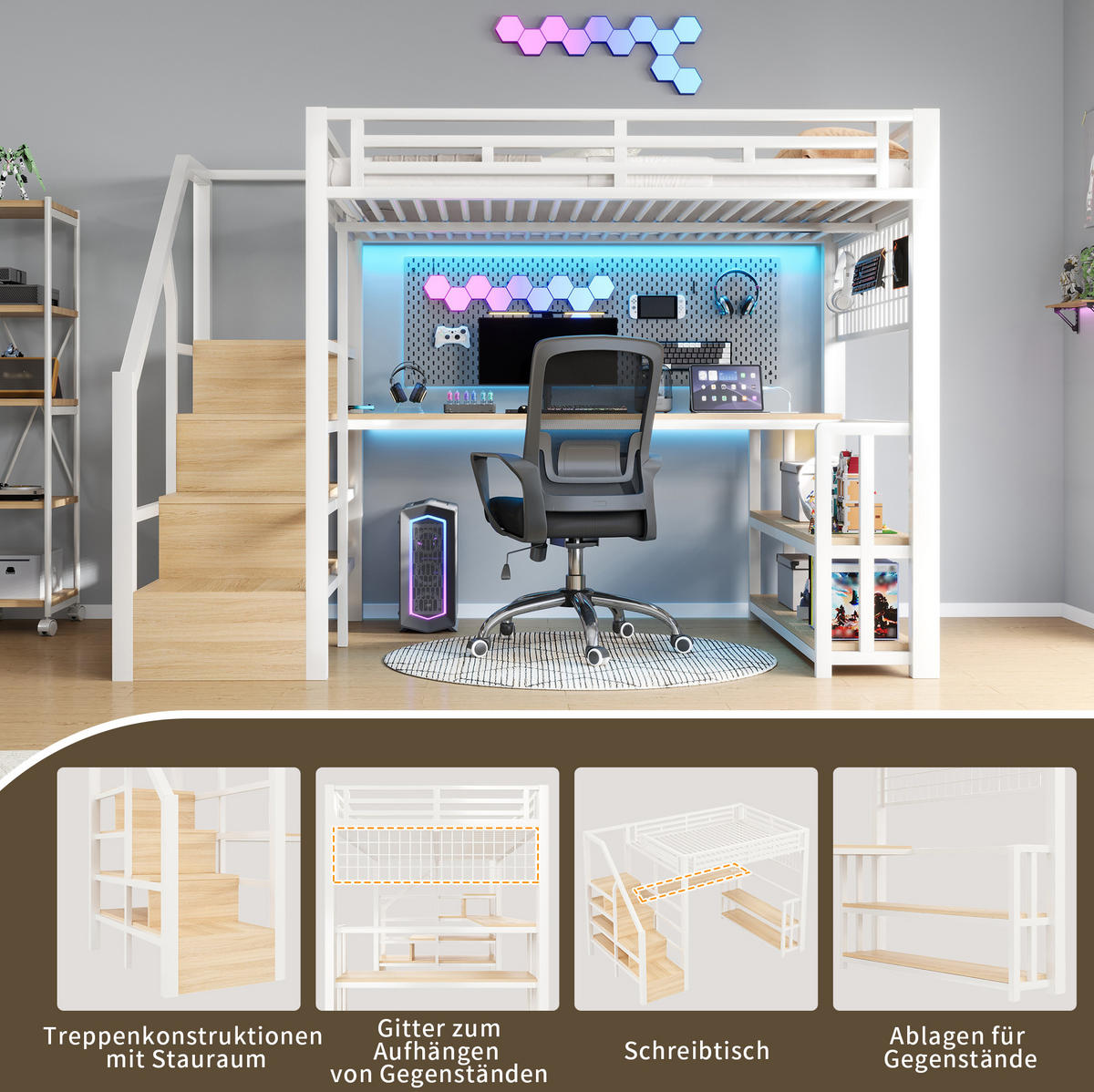 HOCHBETT 140/200 cm aus Metall/MDF mit Schreibtisch, Stauraumtreppe und LED Weiß - Weiß, Metall (140/200cm) - Modenvie