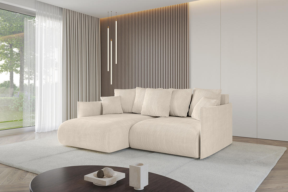 ECKSOFA mit Schlaffunktion und Bettkasten ONESK-L 208x165x40 Beige Cord - Beige, Holzwerkstoff/Kunststoff (208/165cm) - ALTDECOR