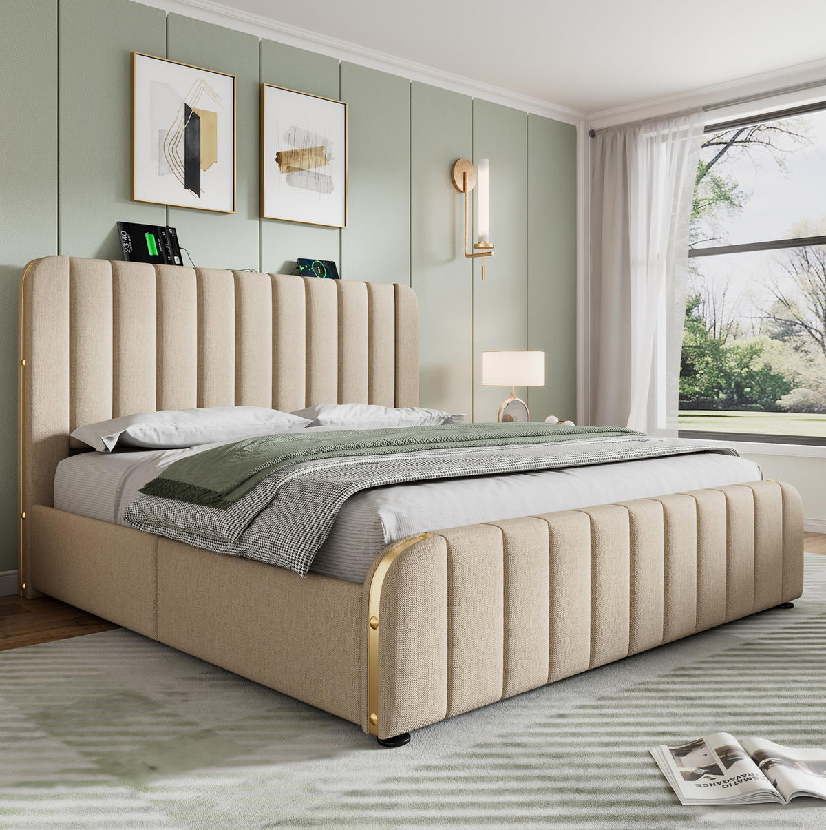 POLSTERBETT 140/200 cm mit 4 Schubladen, USB-C und gepolstertem Kopfteil - Beige, Textil (140/200cm) - BEAOK