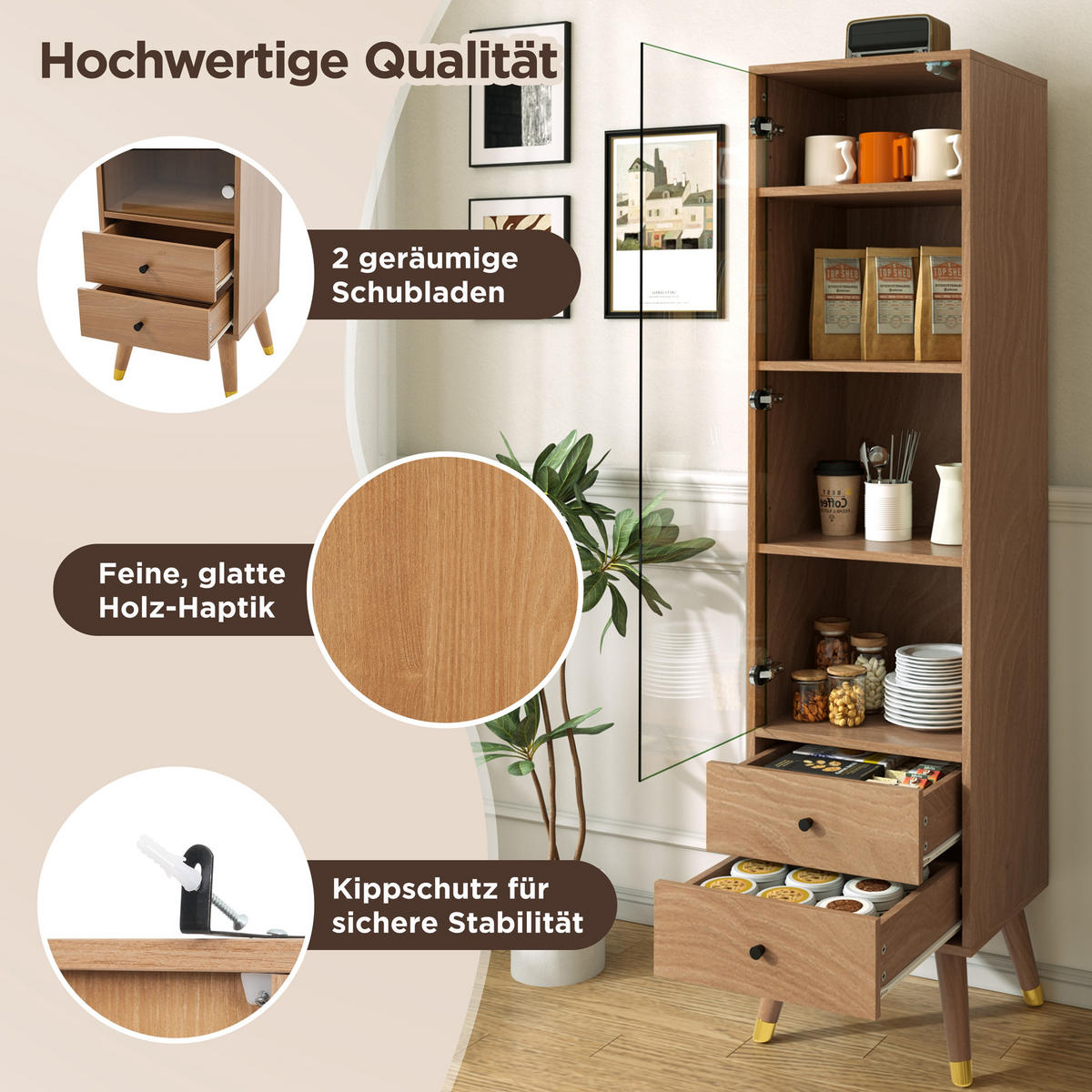 VITRINE in Naturfarben mit Glastür und 2 Schubladen für Wohnzimmer, B39,8/T35/H160 cm - Transparent/Naturfarben, Glas/Holzwerkstoff (39.8/160/35cm) - STILVORA