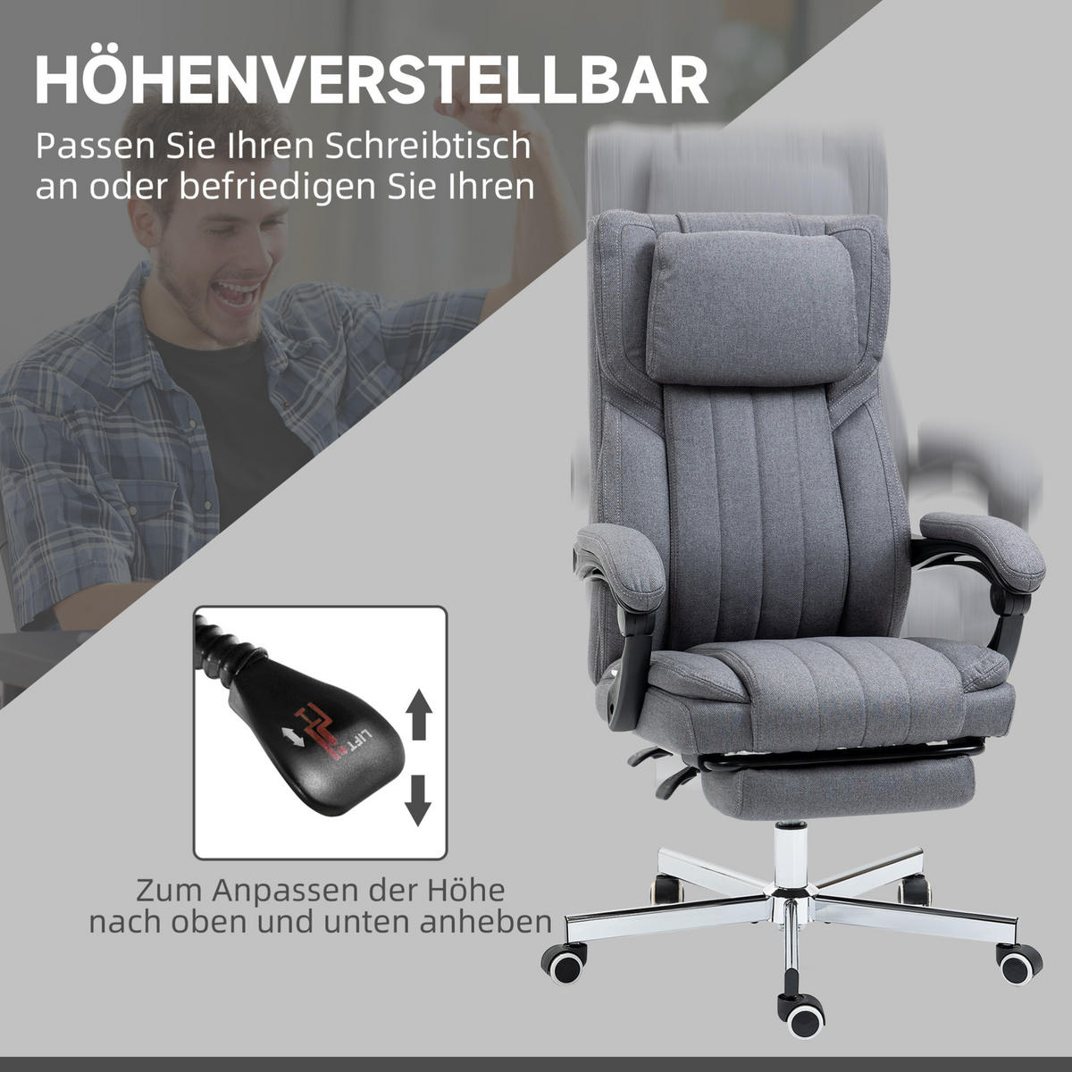 DREHSTUHL 65/61/105-113 cm grau aus Polyester mit Massagefunktion - Grau, Kunststoff (61/113/65cm) - OKWISH