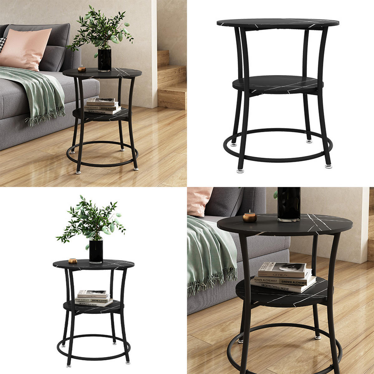 COUCHTISCH Quebec Marmor 50 x 50 cm mit Ablage - Weiß Hochglanz/Schwarz, Holzwerkstoff (50/50/55cm) - Vicco