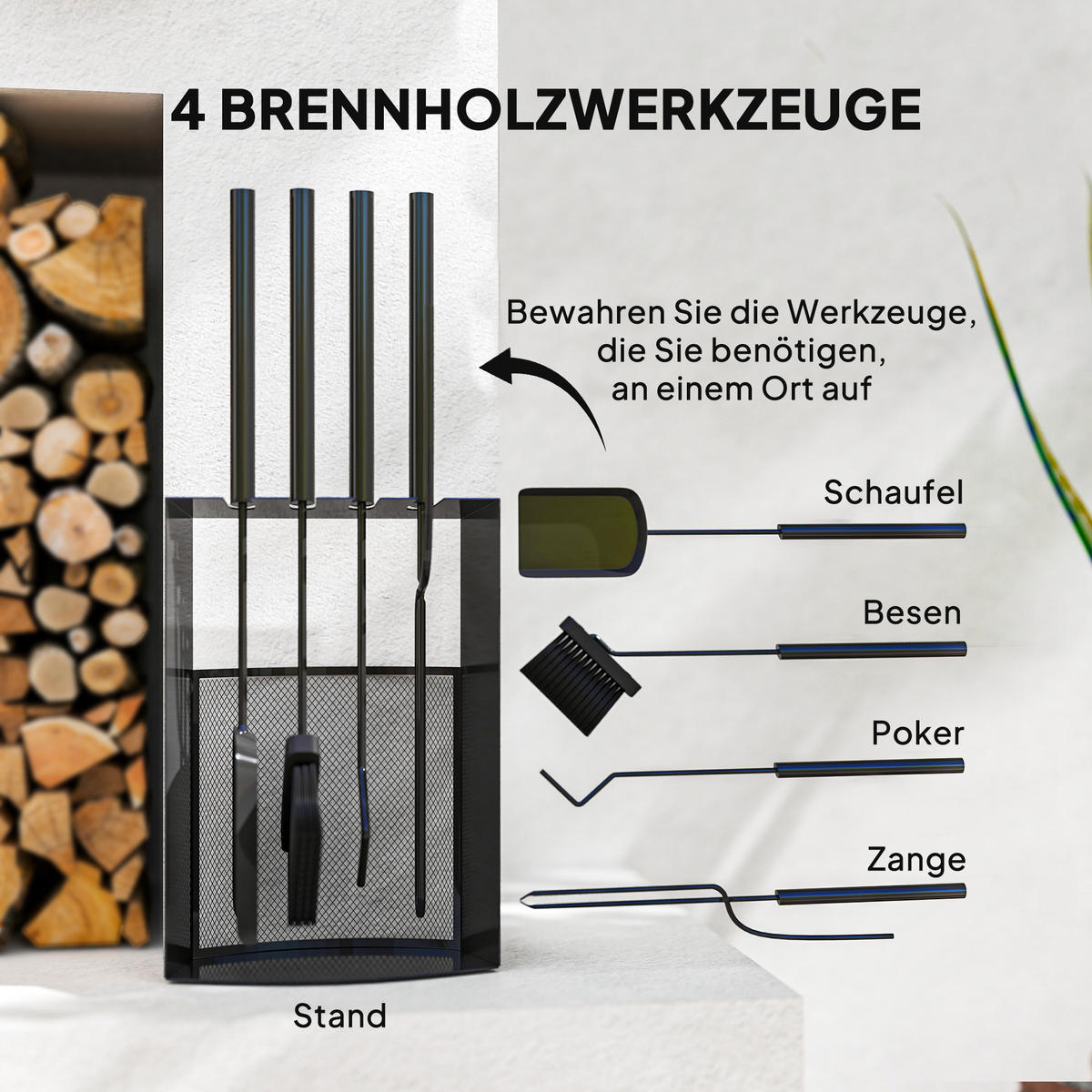 KAMINBESTECK Set 5teilig Kaminzubehör mit Besen, Schaufel, Schürhaken Zange - Schwarz, Metall (13/59.5/28cm) - Outsunny
