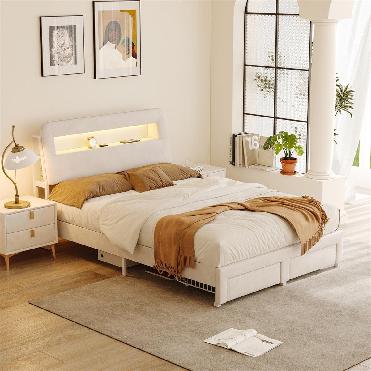 POLSTERBETT 140 x 200 cm - offene Seitenregale mit LED-Beleuchtung und Schubladen - ohne Matratze - Cremeweiß - Creme, Textil (140/200cm) - DELFA
