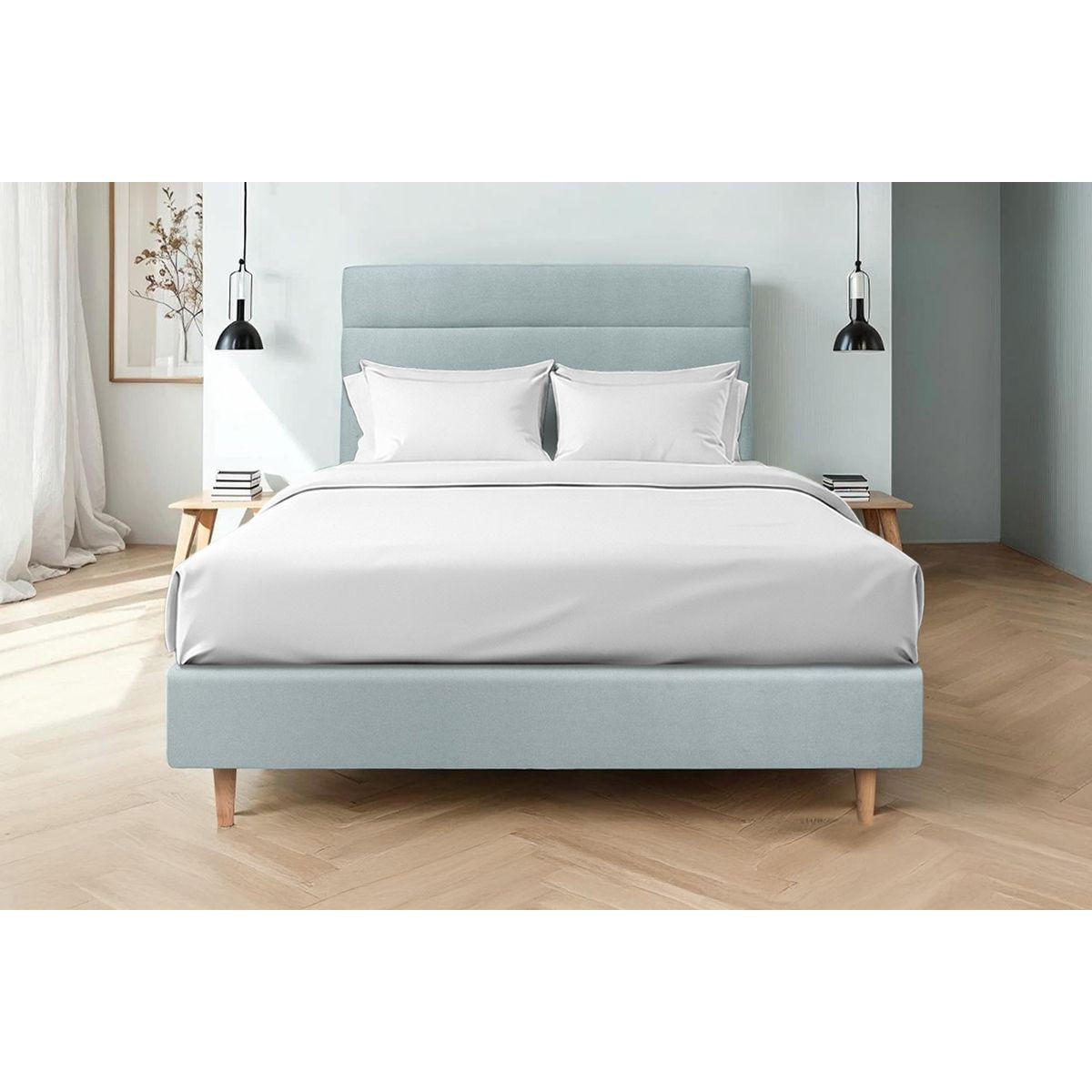KOPFTEIL Modell Linien – Blaugrauer Samtstoff 200 cm - Beige/Blaugrau, Karton/Holz (200/120/10cm) - Sommeil de Plomb