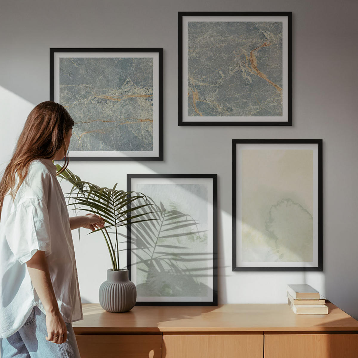 WANDBILDER 4er-Set - 50x50 cm & 40x60 cm Schwarzer Rahmen - Pastellfarben auf Aquarellleinwand - Schwarz, Kunststoff (50/50cm) - ArtPrintCave