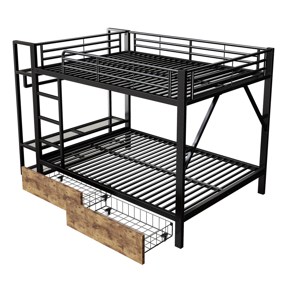 ETAGENBETT 140/200 cm mit LED-Lichtleiste, 2 Schubladen, Regalen und Kleiderstange, Metall & MDF, Schwarz - Schwarz, Metall (140/200cm) - Redom