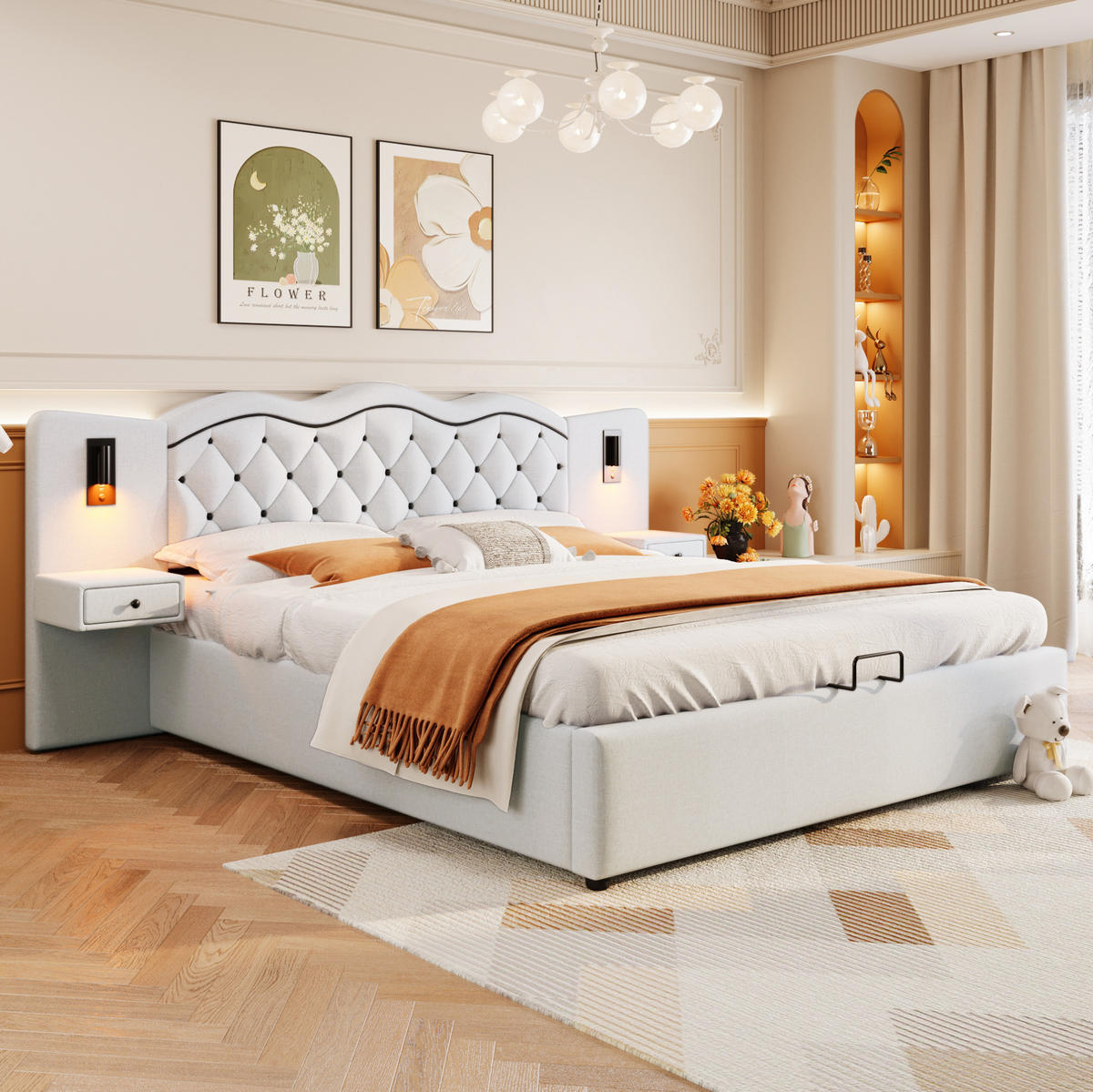 ČALÚNENÁ posteľ 180/200 cm z imitácie ľanu a MDF, béžová, s úložným priestorom a USB - béžová, textil (180/200cm) - BEAOK