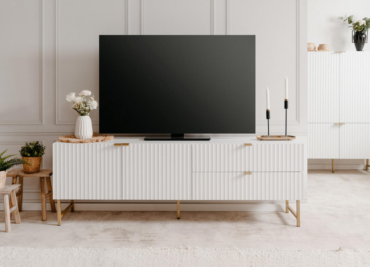 TV-LOWBOARD weiß, Gold 179 cm, TV Unterteil mit Soft-Close und 3D Struktur - Goldfarben/Weiß, Holzwerkstoff/Metall (179/60.5/41cm) - Furn.Design