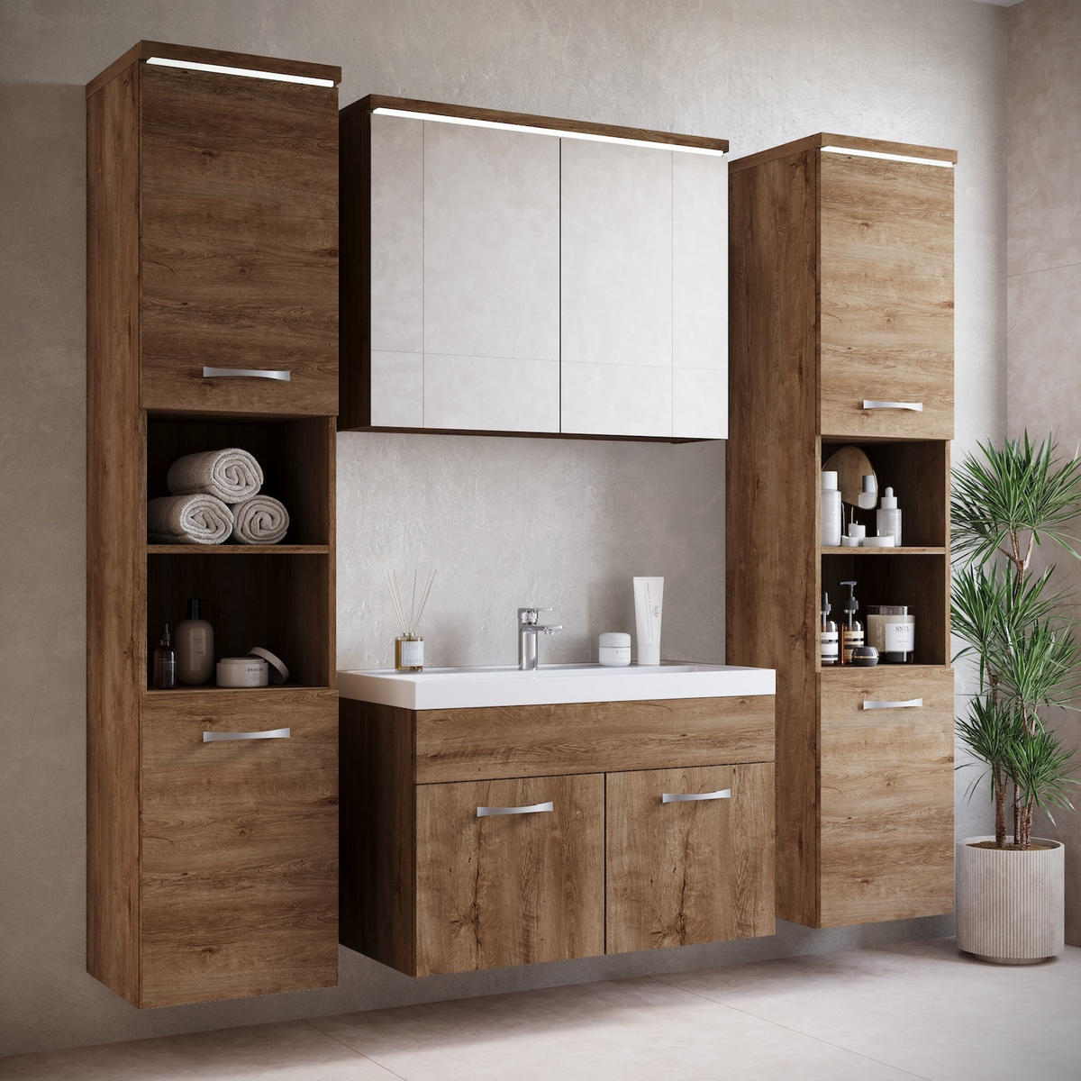 BADMÖBEL-SET Paso LED 5 Teile Braun Eiche - 80 x 35 x 55 cm - Eichefarben/Braun, Holz (80/55/40cm) - Badplaats