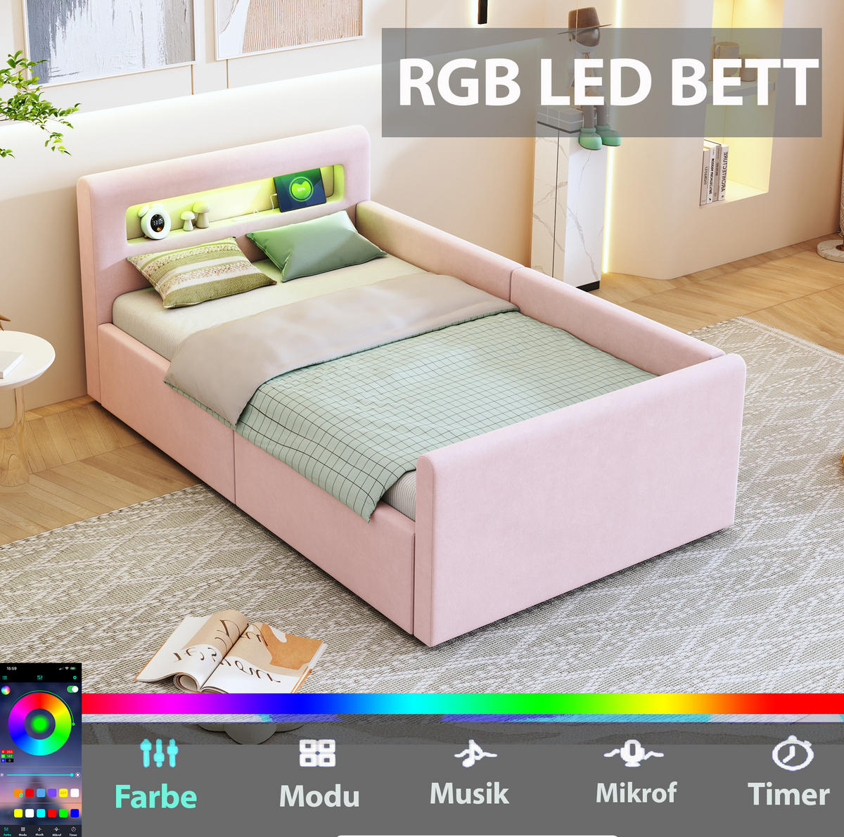 POLSTERBETT 90/200 cm Rosa aus Samtstoff mit Stauraum - Rosa, Textil (90/200cm) - OKMYHOME