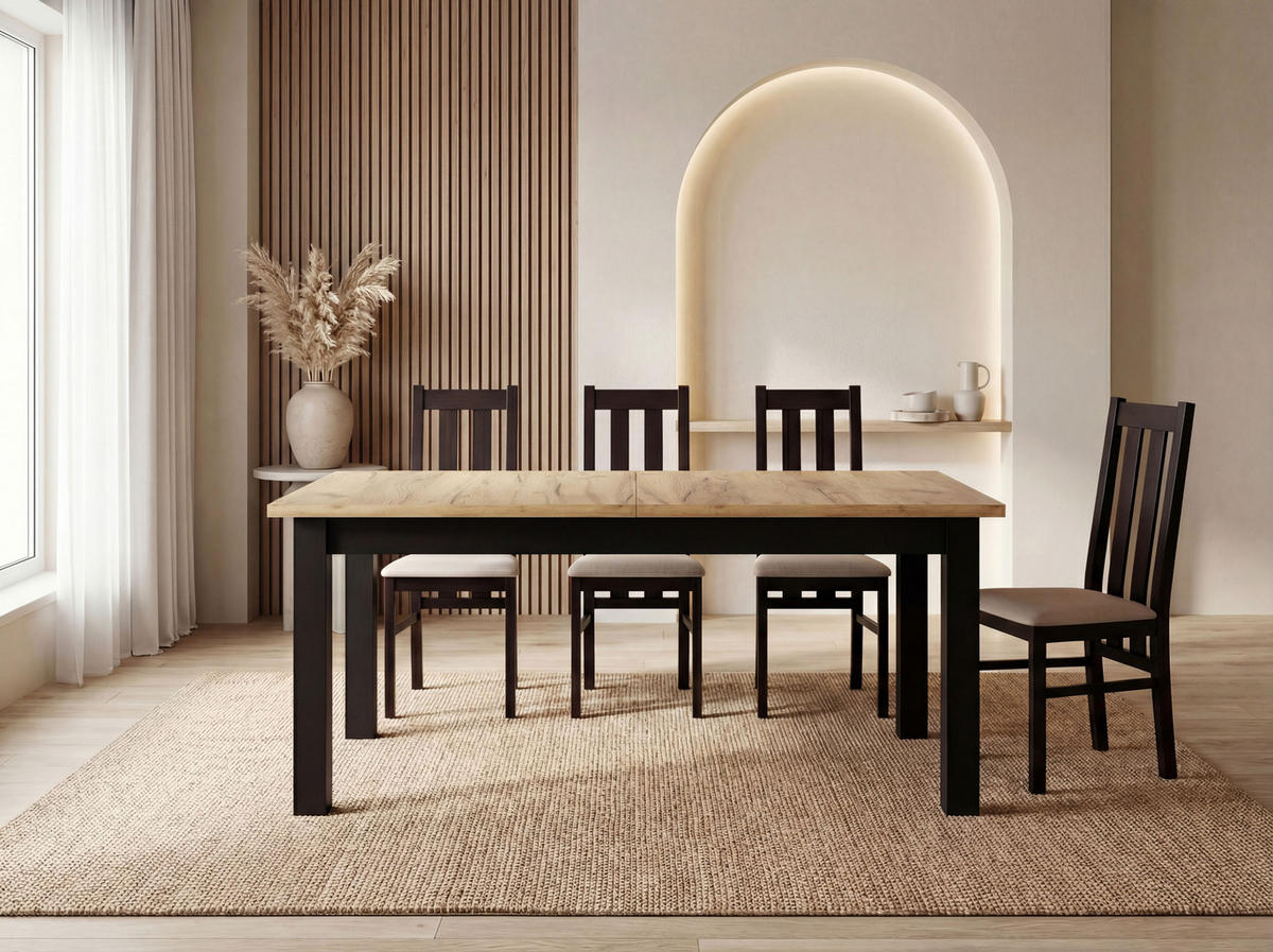 ESSTISCH Lindberg ausziehbar verlängerbar rechteckig, Eiche Braun 160-240/90/77 cm - Eiche Wotan/Schwarz, Holz/Holzwerkstoff (160/90/76.5cm) - WFL GROUP