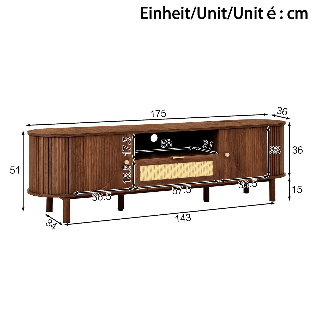 TV-LOWBOARD Nussbaumfarben 175/36/51 cm - Walnussfarben, Holzwerkstoff (175/51/36cm) - PANGIVO