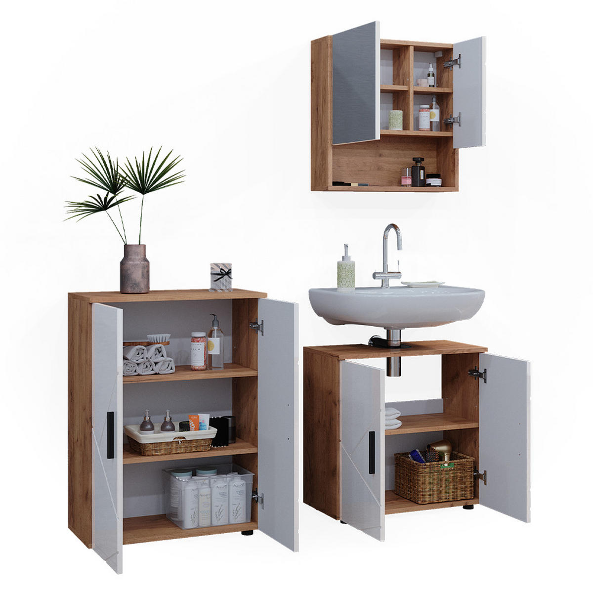 BADMÖBEL-SET Irma Weiß Hochglanz/Goldkraft Eiche 3 Teile mit Unterschrank 60 cm - Weiß Hochglanz/Eiche Wotan, Holzwerkstoff (80/58.6/41cm) - Vicco