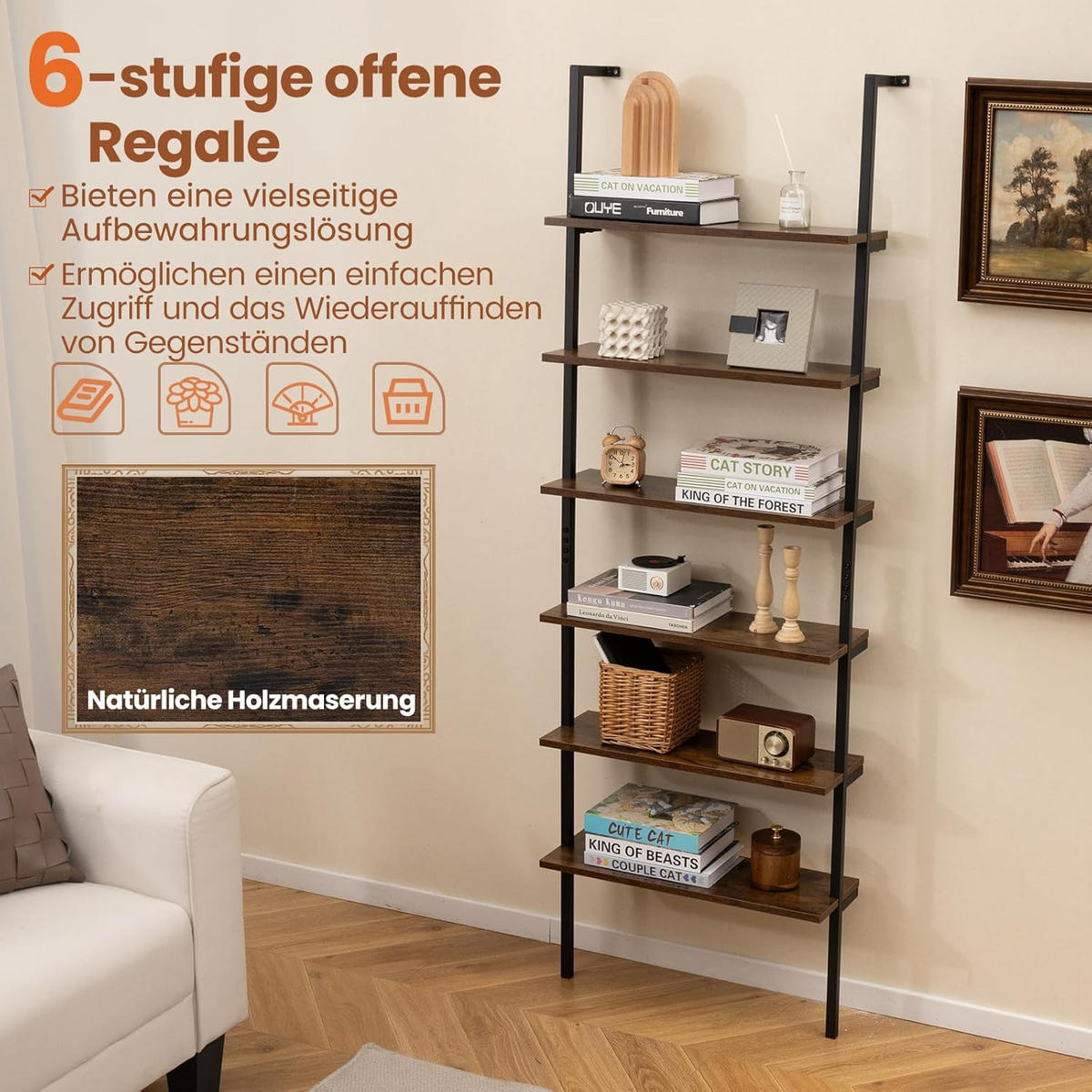 LEITERREGAL Braun - Braun, Holz (60/183/20cm) - COSTWAY