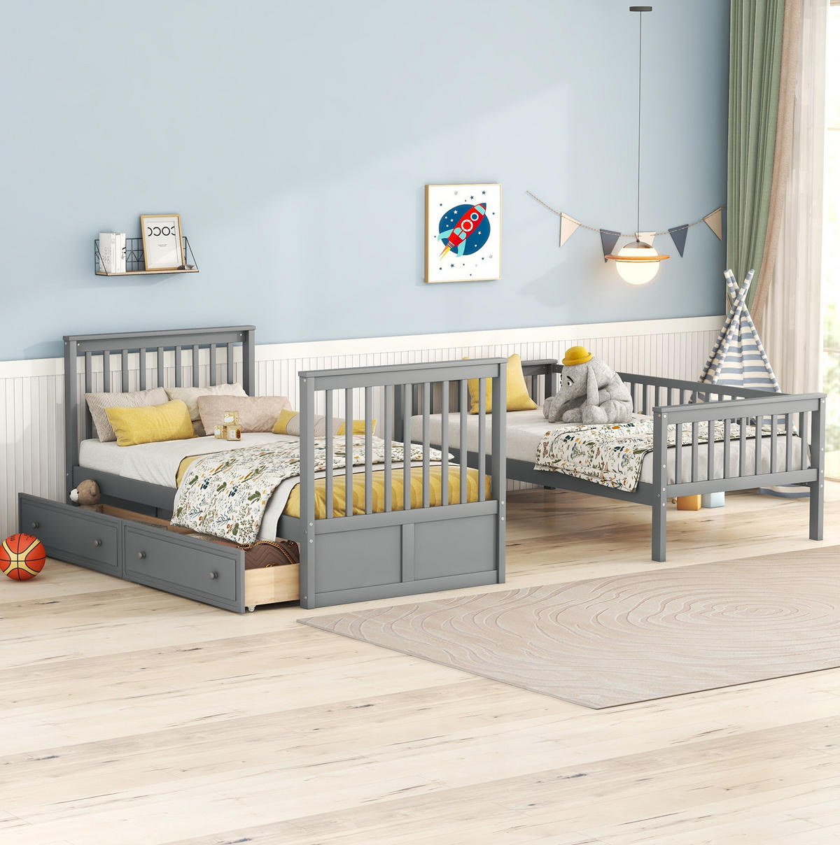 ETAGENBETT 90/200 cm Grau mit Schubladen und Umbaumöglichkeit - Grau, Holz (90/200cm) - OKMYHOME