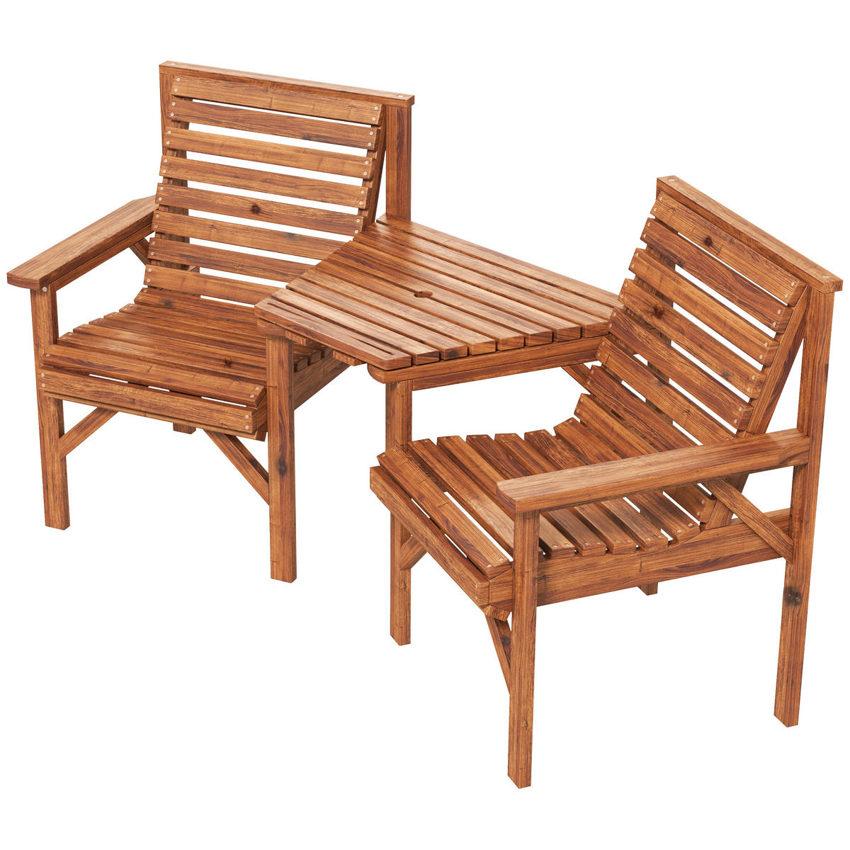 BISTRO-SET DE-07332 aus Holz mit Lamellendesign und Sonnenschirmloch Verkohlt - Naturfarben, Holz - ComfortXL