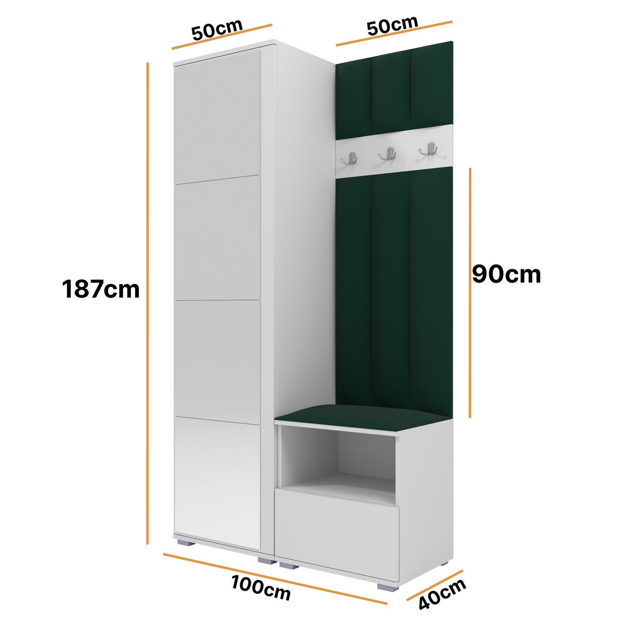 GEPOLSTERT Garderoben-Set Nela I LUX (Spiegel – Farbe Weiß + Stoff Trinity 28) - Dunkelgrün/Silberfarben, Holz/Holzwerkstoff (100/187/40cm) - Ravio