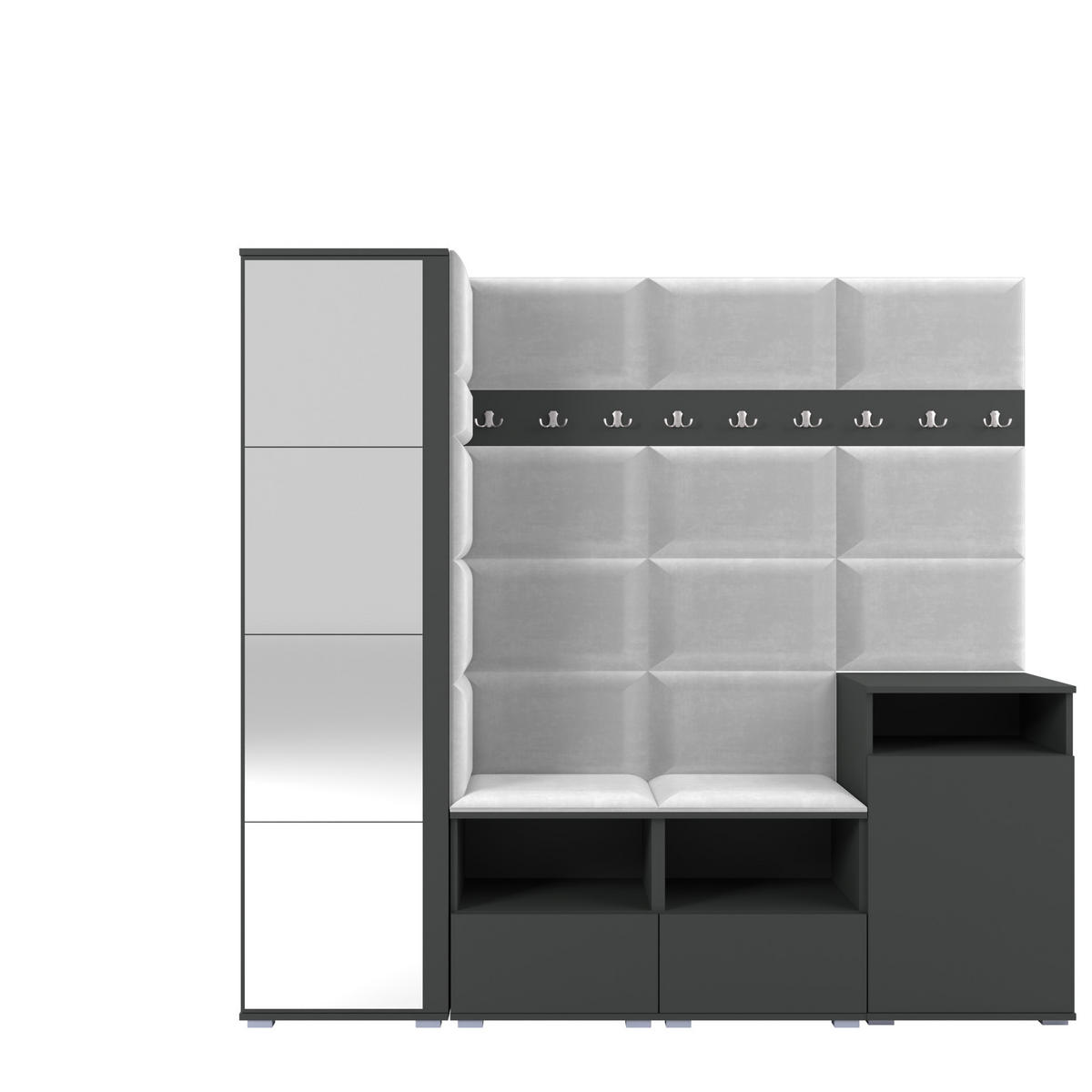 GARDEROBE NELA X 200 cm (Modulare Flurmöbel Graphit mit Spiegel & Sitzpolster Hellgrau 32 Schrank + Sideboard) - Silberfarben/Hellgrau, Holz/Holzwerkstoff (200/187/40cm) - Ravio