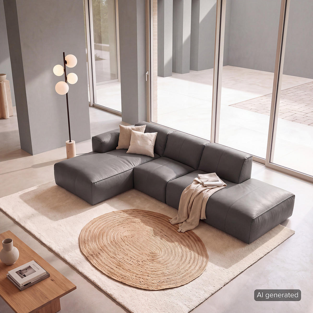 ECKSOFA mit Chaiselongue - Schwarz/Grau, Leder/Kunststoff (290/173cm) - home24