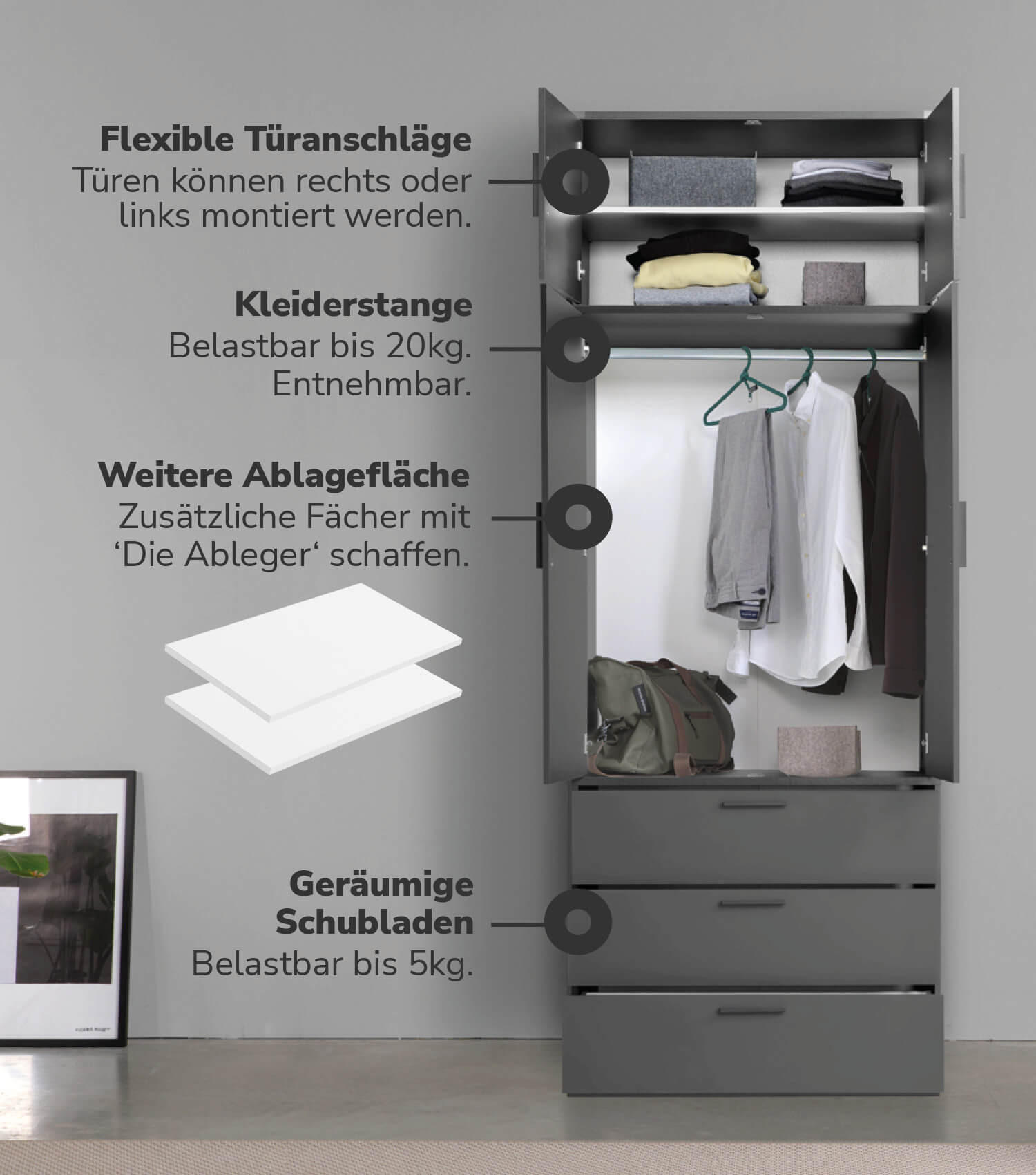 KLEIDERSCHRANK mit Spiegel Der Grenzenlose - Anthrazit, Holzwerkstoff (90/234/58cm) - Mokebo