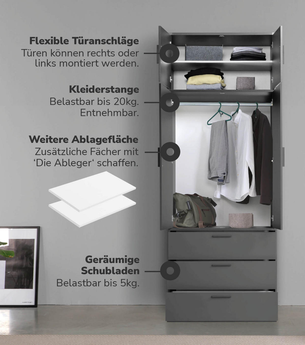 KLEIDERSCHRANK mit Spiegel Der Grenzenlose - Anthrazit, Holzwerkstoff (90/234/58cm) - Mokebo