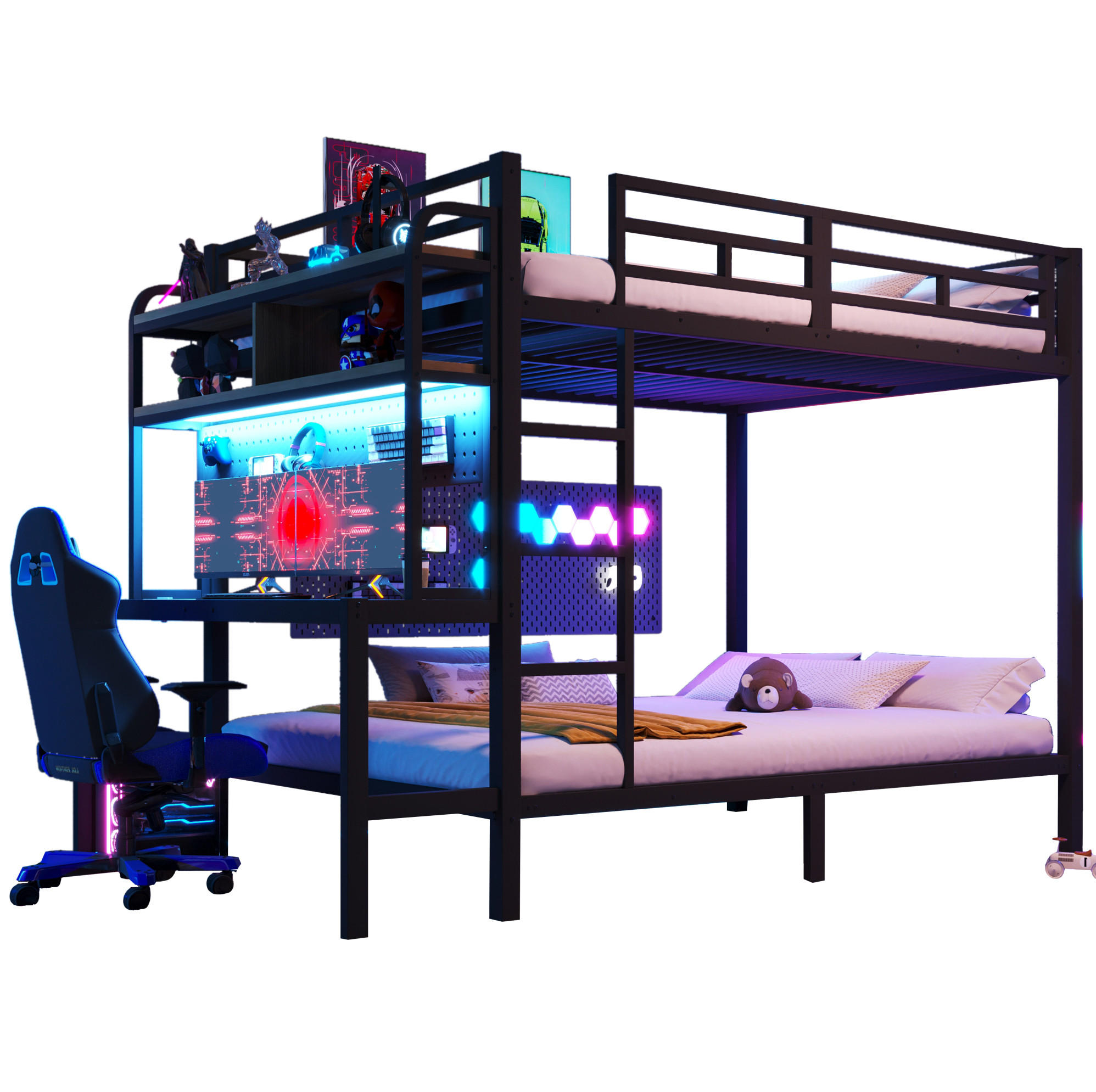 ETAGENBETT 140/200 cm in Schwarz mit Schreibtisch, Ablagen und LED-Beleuchtung - Schwarz, Metall (140/200cm) - OKMYHOME