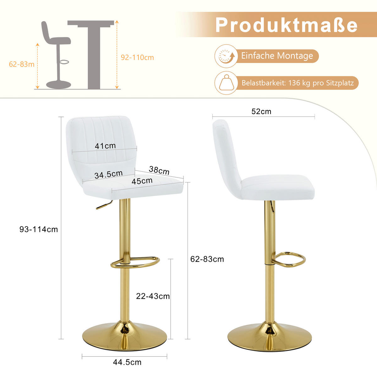 BARSTOL 2-PACK i Konstläder i Vitt och Guld, höj- och sänkbar samt 360° snurrbar - Vit, Läder (52/62/45cm) - Urban Meuble