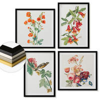 WANDBILDER 4er-Set - 50x50 cm & 40x60 cm Schwarzer Rahmen - Gemalte Blumen, Retro-Vogel - Schwarz, Kunststoff (50/50cm) - ArtPrintCave