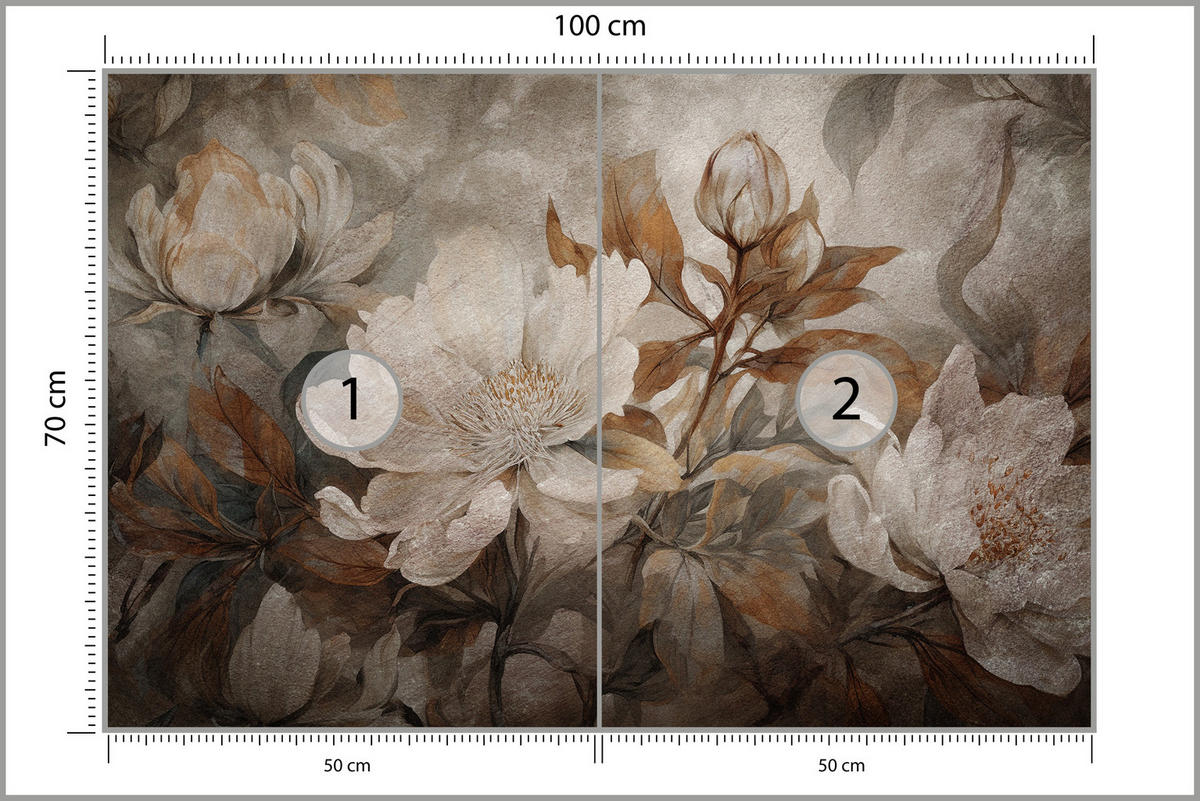 FOTOTAPETE für Wohnzimmer Blumen Blätter Pflanzen Natur Retro Stil 100x70 - Beige/Orange, Papier (100/70cm) - Muralo
