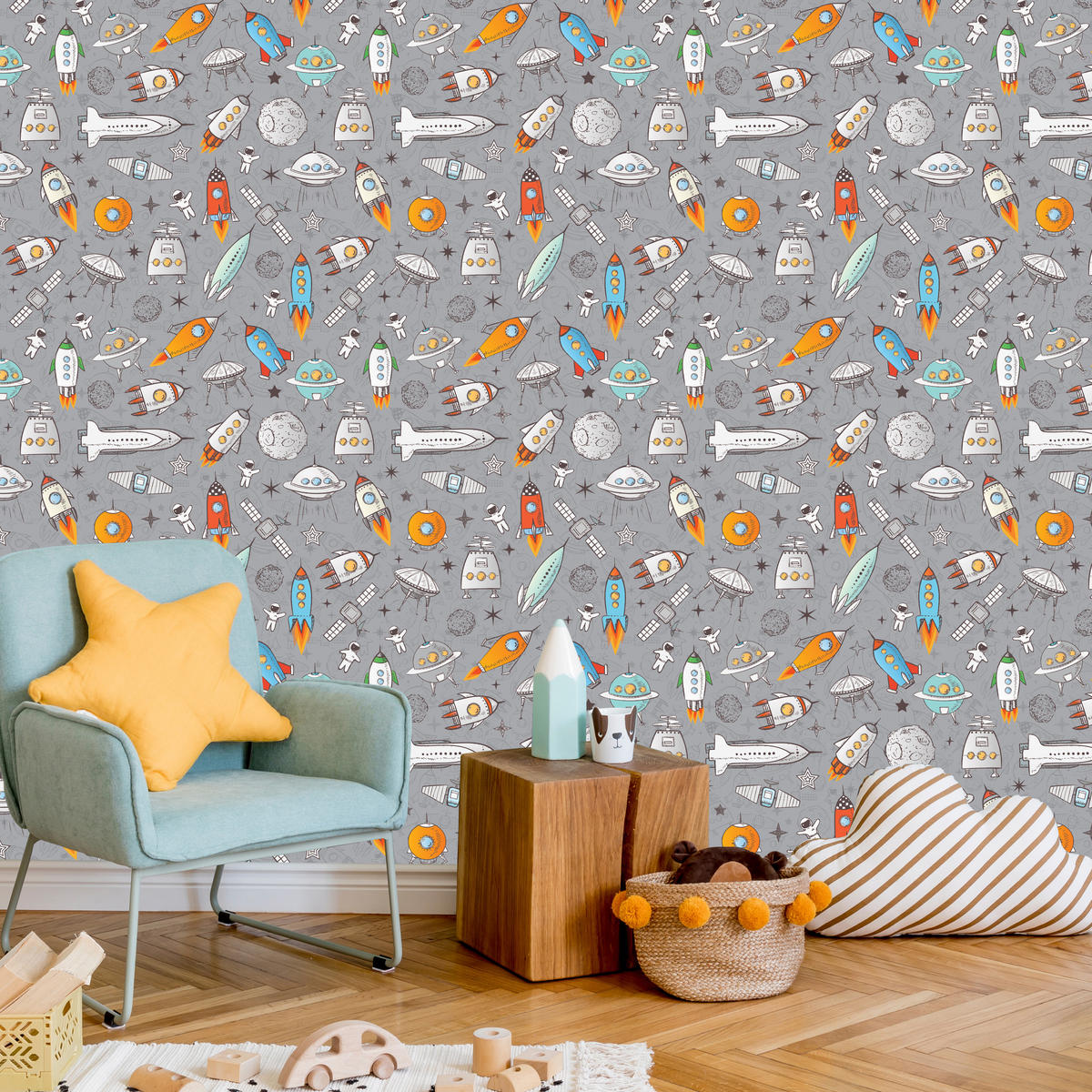 VLIESTAPETE Raketen und Astronauten – Bunt, Grau – 50x1000 cm - Multicolor/Grau, Papier (50/1000cm) - Muralo