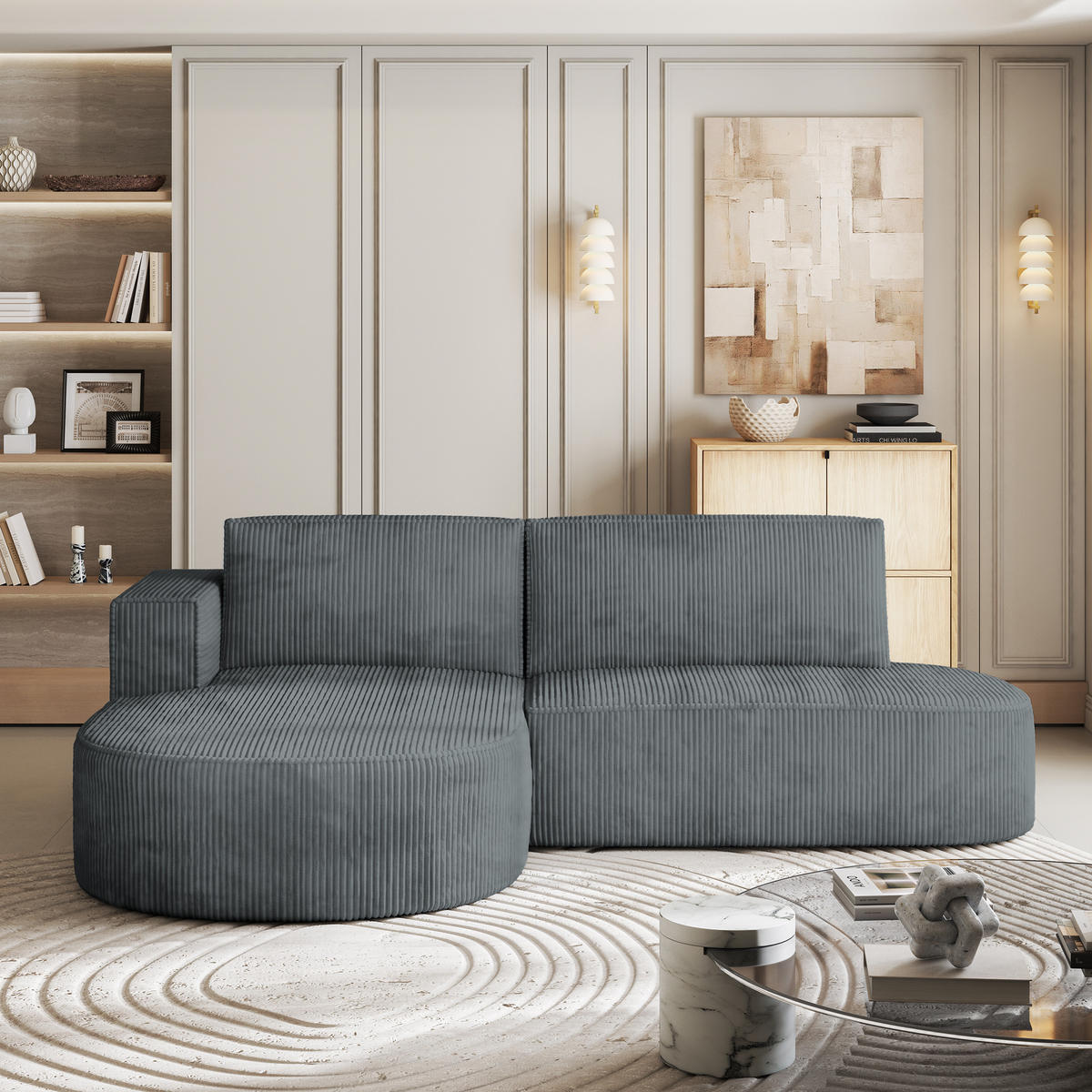 ECKSOFA CORTIO P L-S Grau Kordstoff mit Schlaffunktion - Grau, Holz (265/174cm) - MASSENO