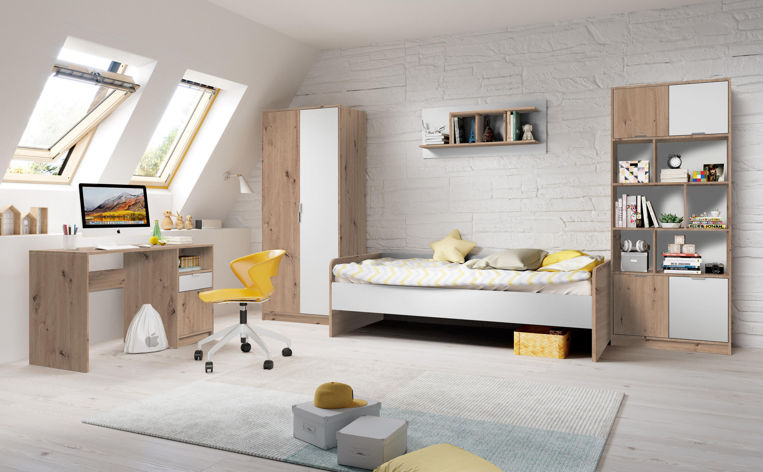 JUGENDZIMMER Karla 5 teilig in Artisan Eiche und Weiß Kinderzimmer Komplett Set - Braun/Weiß, Holzwerkstoff (80/200/120cm)