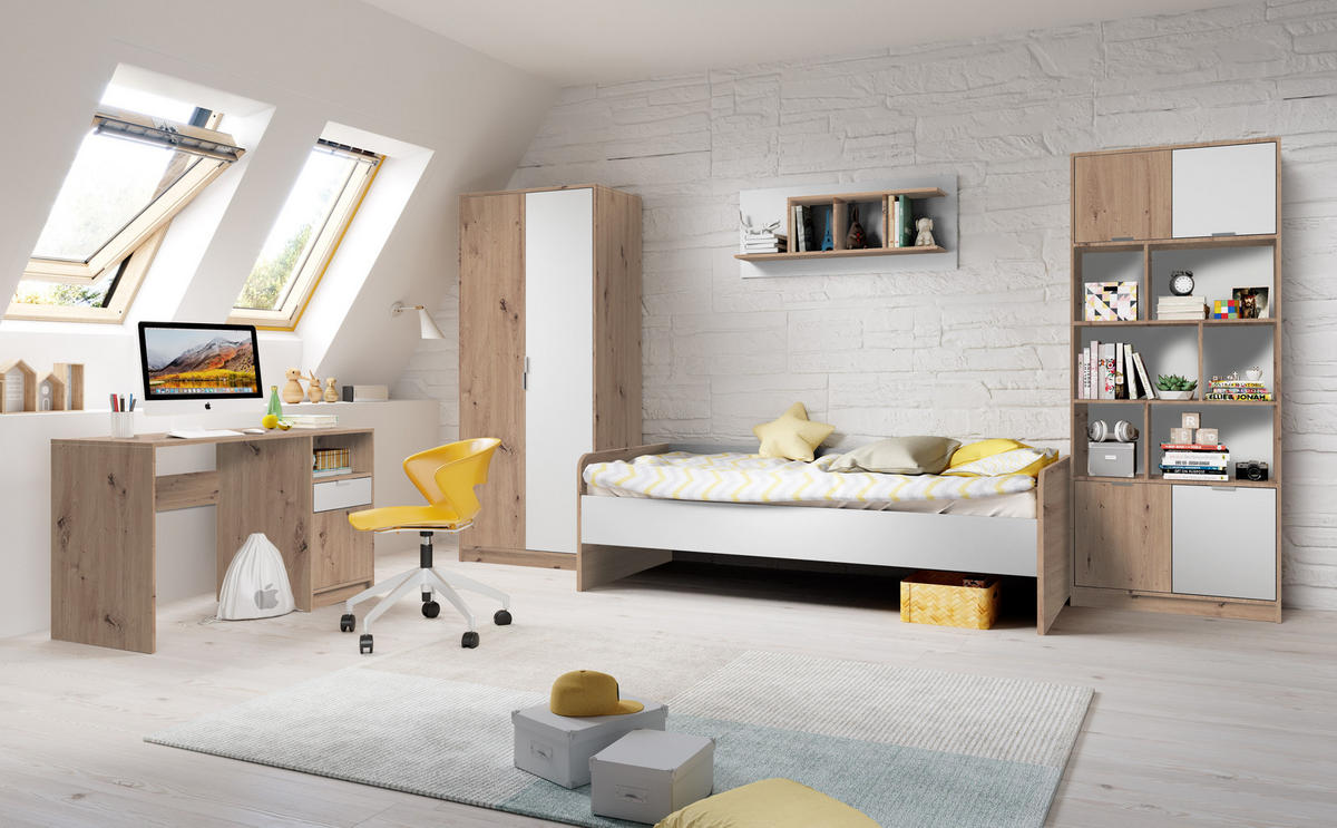 JUGENDZIMMER Karla 5 teilig in Artisan Eiche und Weiß Kinderzimmer Komplett Set - Braun/Weiß, Holzwerkstoff (80/200/120cm)