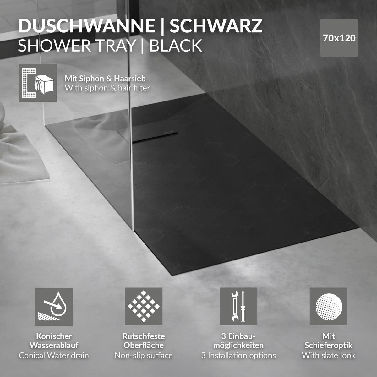 SPRCHOVÁ VANICKÁ 120x70 cm černá s odtokovou sadou z SMC - černá, plast (70/3/120cm) - LuxeBath