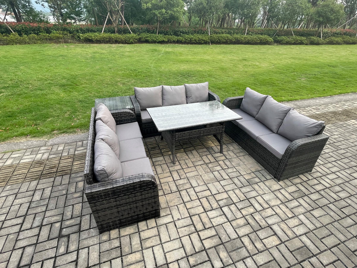 GARTENTISCHGRUPPE mit Beistelltisch Polyrattan Dunkelgrau 9-Sitzer - Dunkelgrau/Grau, Glas/Kunststoff - Fimous
